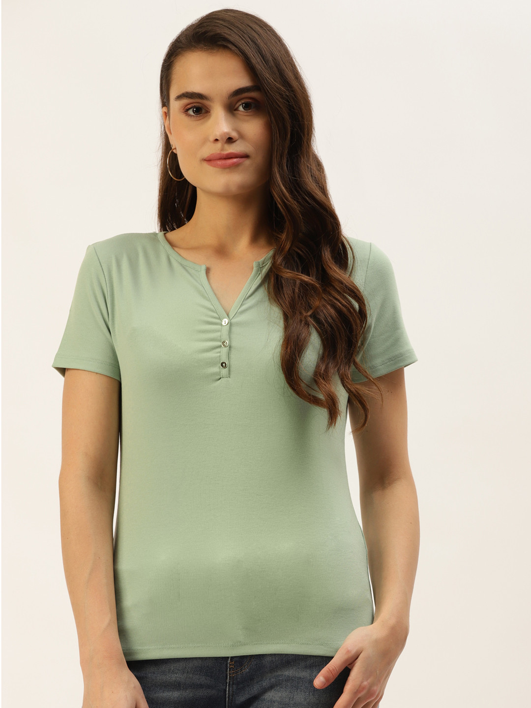 

Madame Women Green Pure Cotton Solid T-shirt