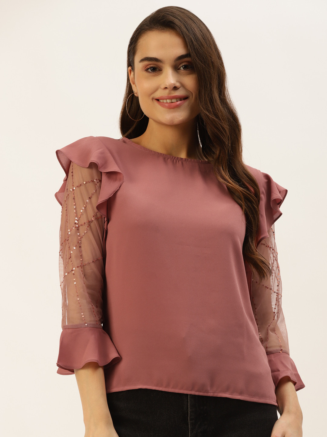 

Madame Women Dusky Pink Solid Top With Ruffles & Sequinned Detail, Rose