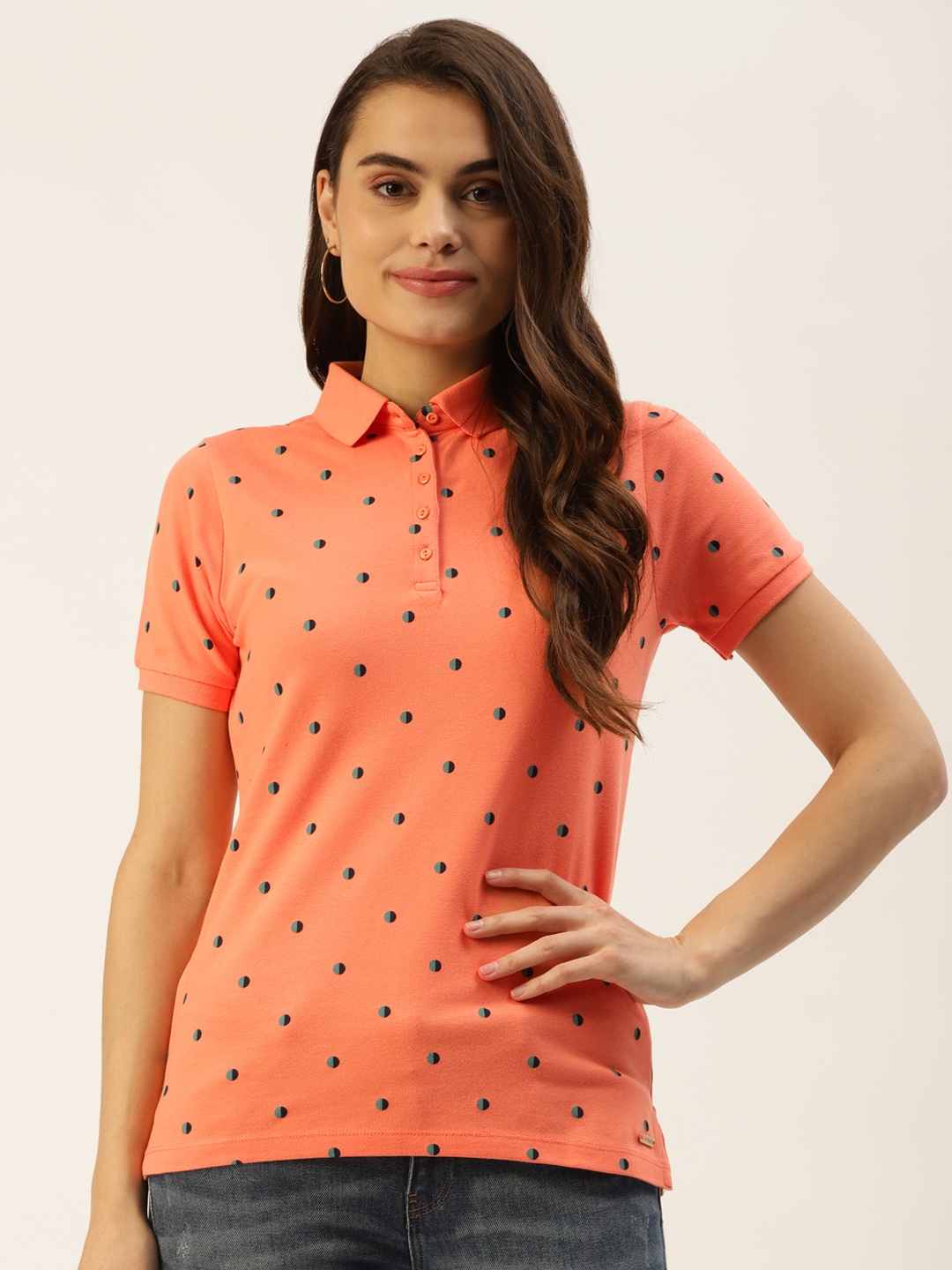 

Madame Women Coral & Black Geometric Printed Polo Collar T-shirt