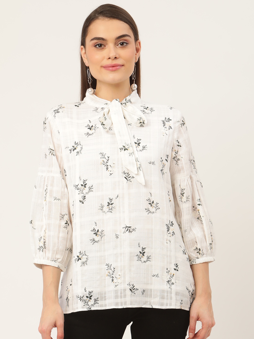 

Madame Off White Floral Print Tie-Up Neck Top