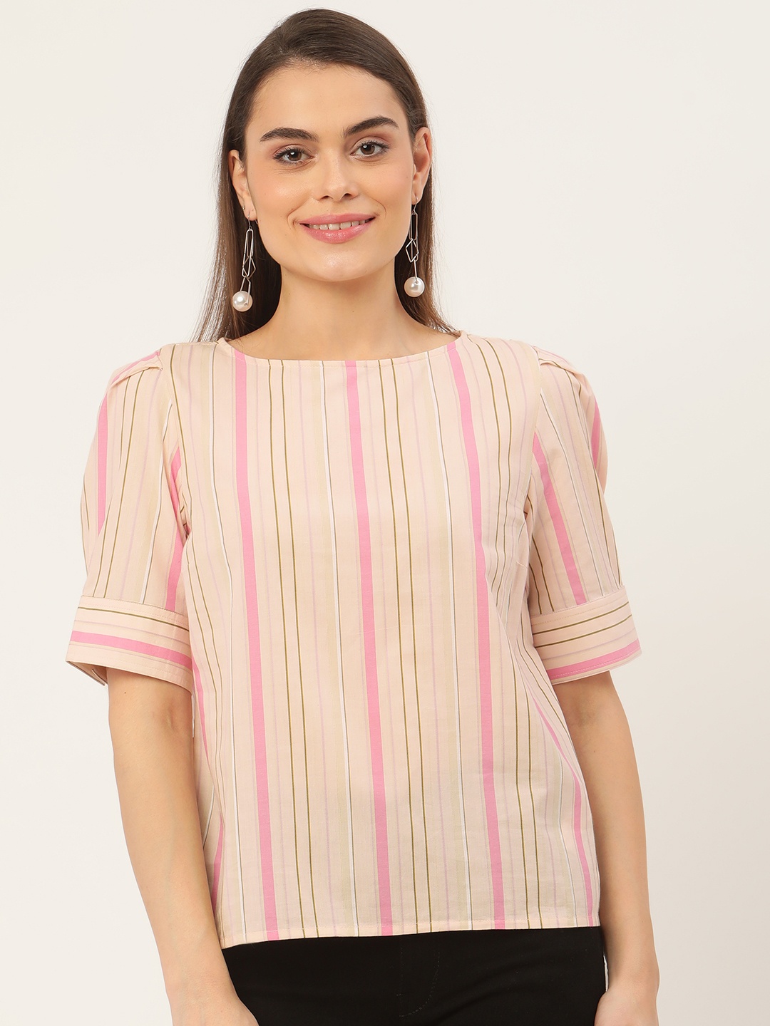 

Madame Cream-Coloured & Pink Pure Cotton Striped Top