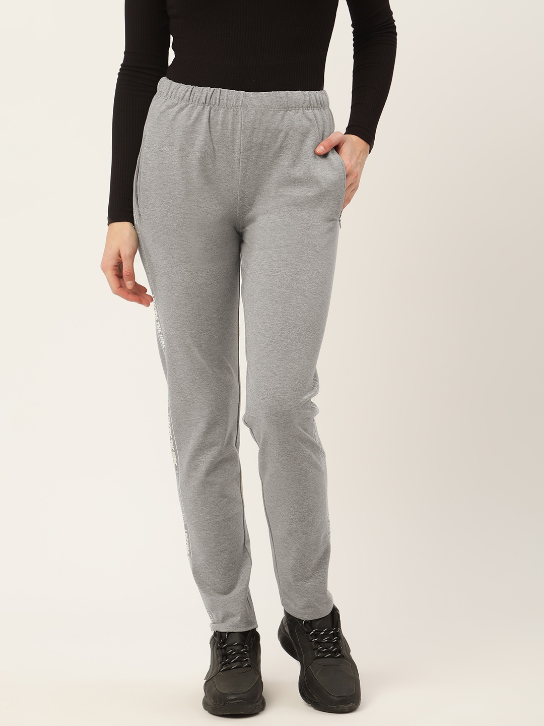 

Madame Women Grey Melange Typography Printed Track Pants