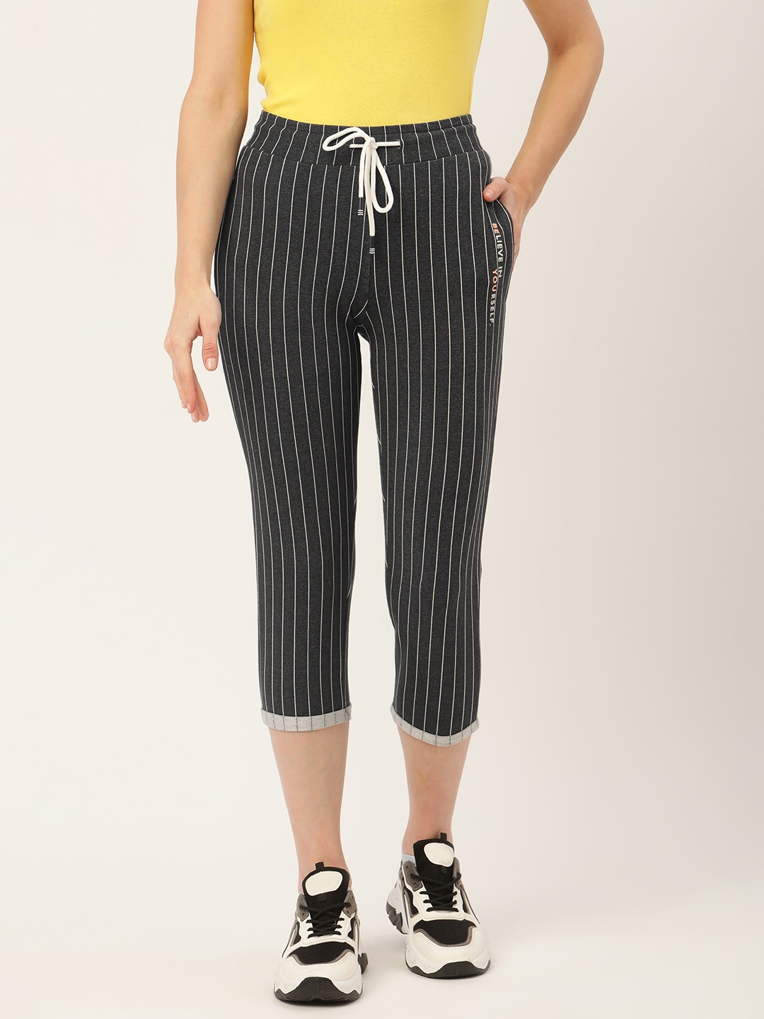 

Madame Women Charcoal Grey & White Striped Three-Fourth Track Pants