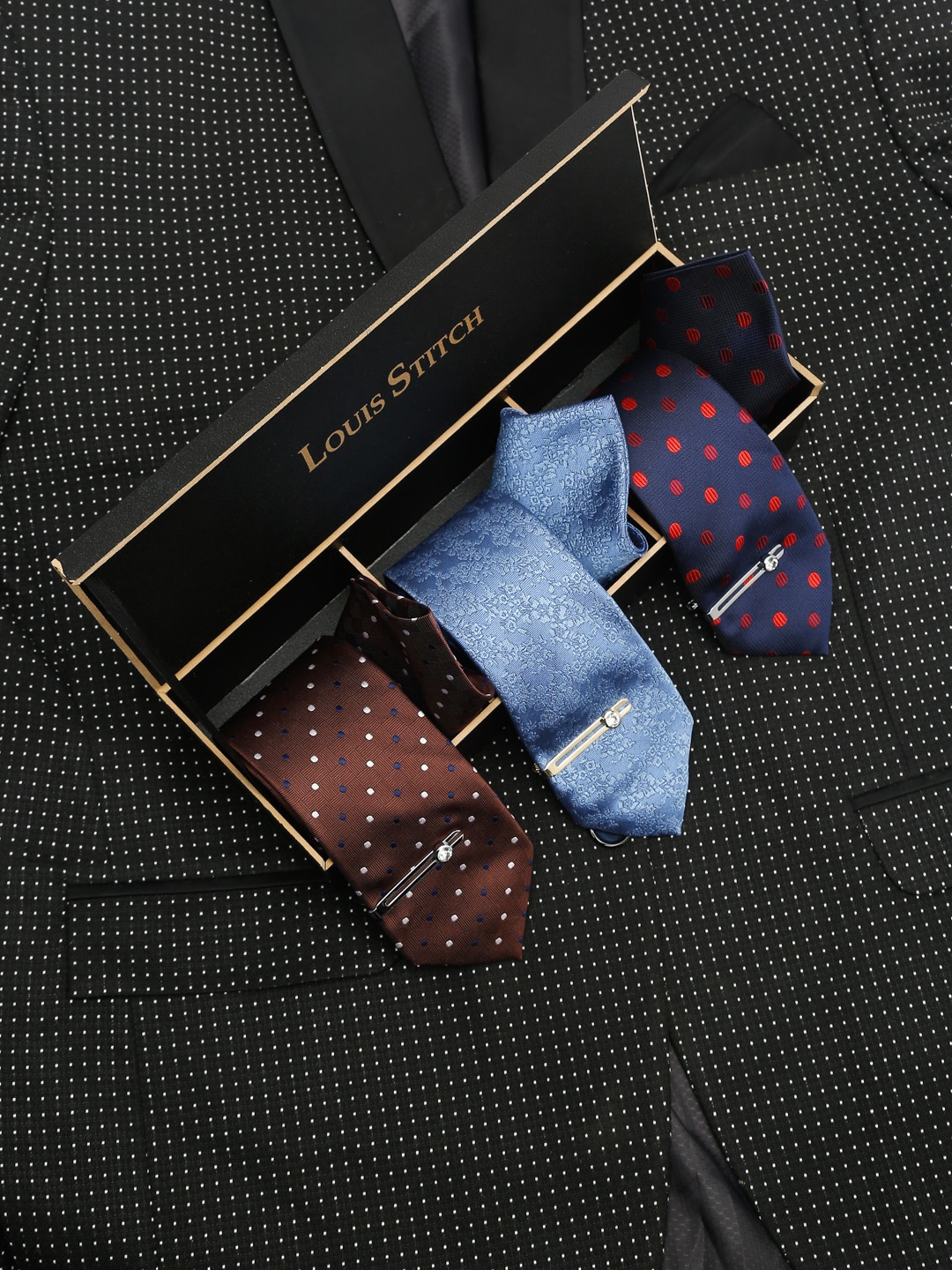 

LOUIS STITCH Blue Italian Silk Tie Combo With Pocket Square & Tie Pin