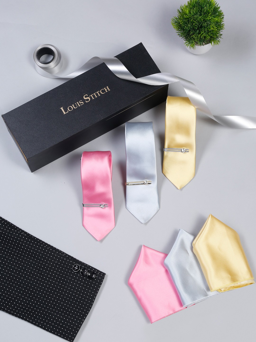 

LOUIS STITCH Men Pack of 3 Italian Silk Necktie Combo With Pocket Square And Tie Pin, Pink