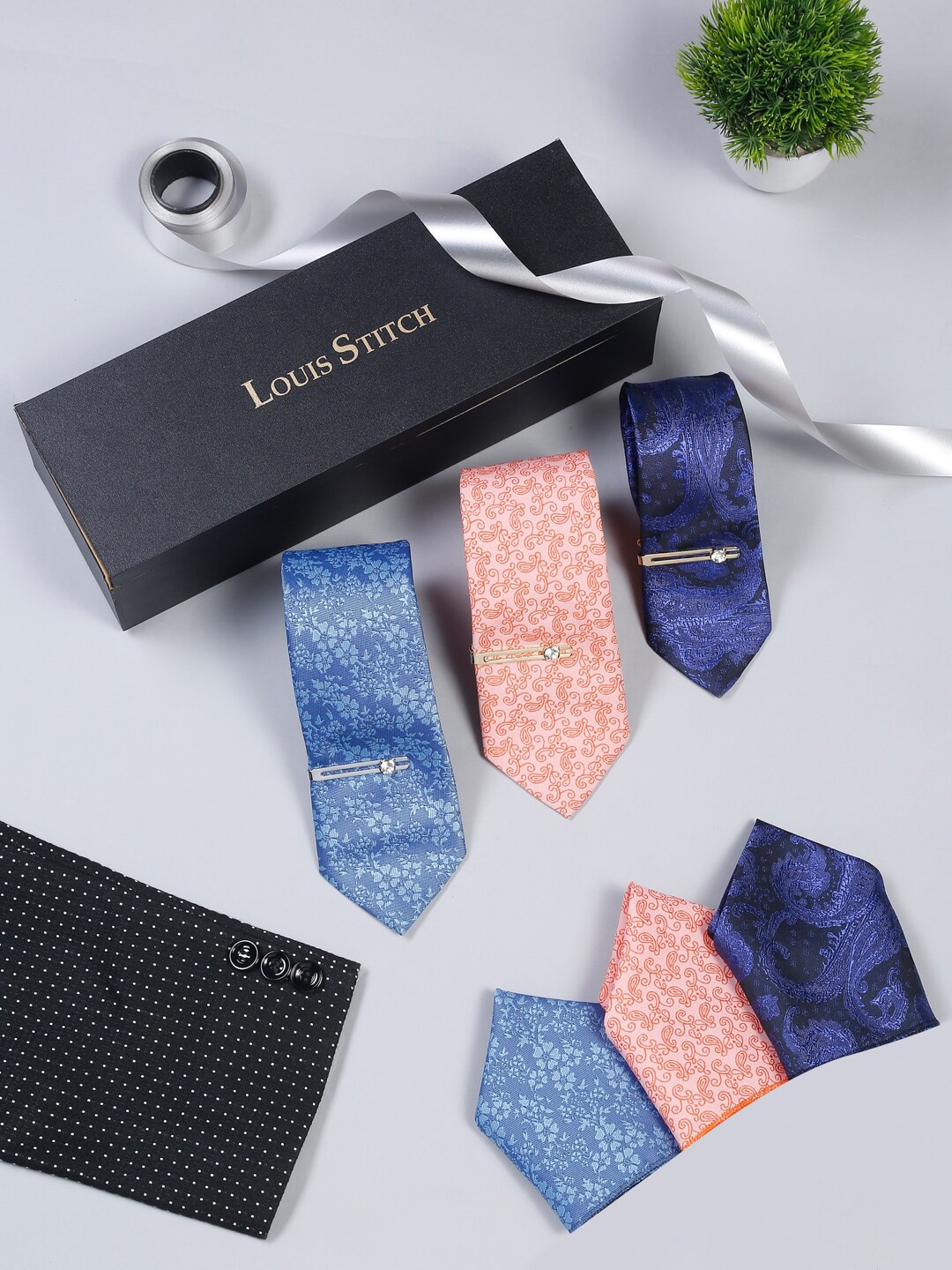 

LOUIS STITCH Set of 3 Italian Silk Necktie With Pocket Square & Tie Pin, Blue