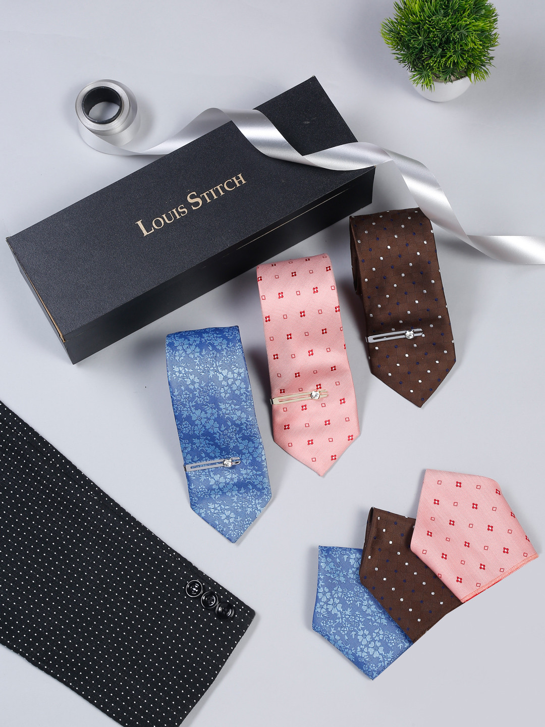 

LOUIS STITCH Pack Of 3 Italian Silk Necktie With 3 Pocket Square & 2 Tie Pin Set, Brown