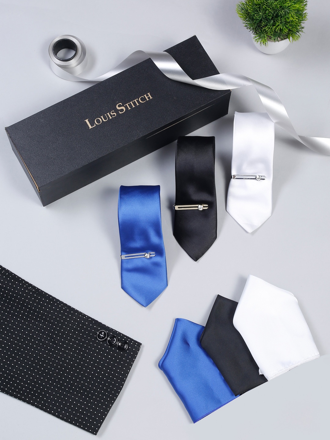 

LOUIS STITCH Men Black,White &Blue Italian Silk Necktie Combo With Pocket Square & Tie Pin
