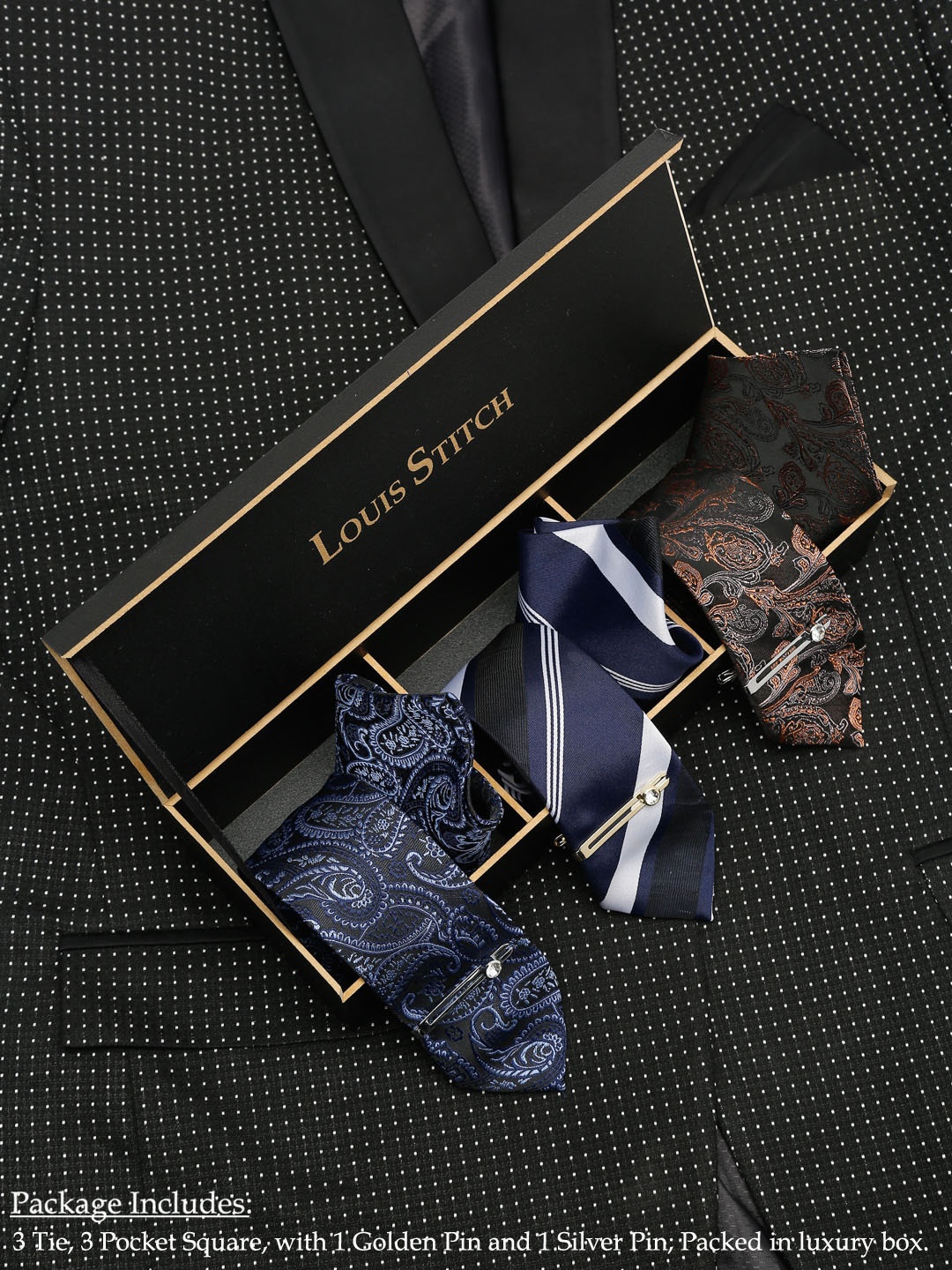 

LOUIS STITCH Men Brown & Blue Italian Silk Accessory Gift Set