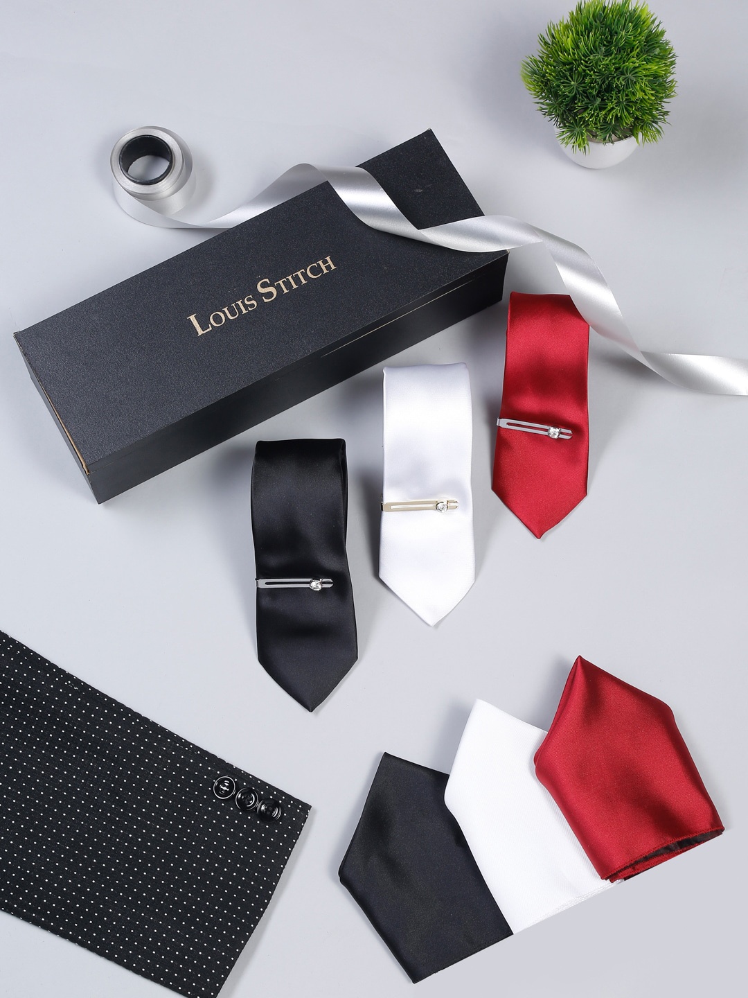 

LOUIS STITCH Men Pack of 3 Black & White Italian Silk Accessory Gift Set