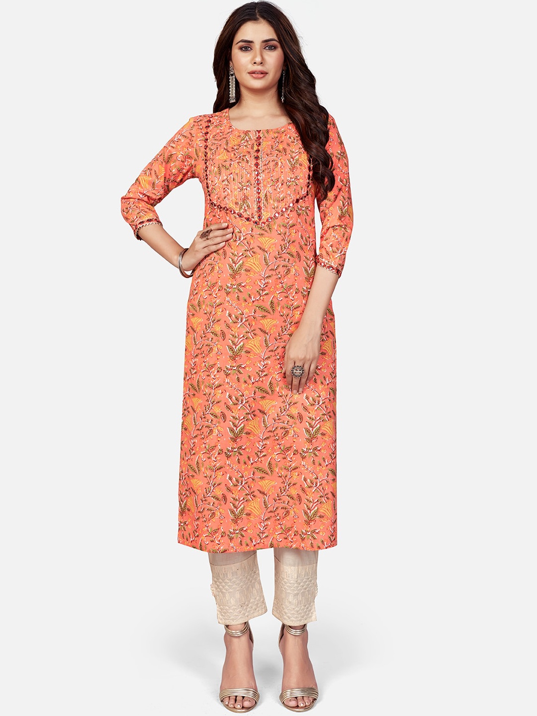 

Vbuyz Women Orange Ethnic Motifs Printed Thread Work Kurta