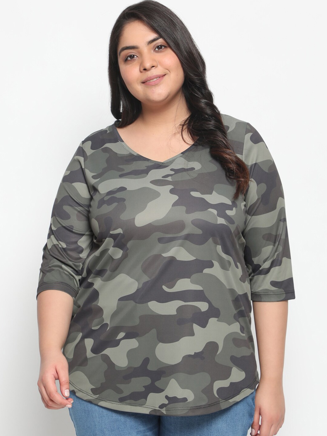

Amydus Women Plus Size Green Camouflage Printed V-Neck T-shirt