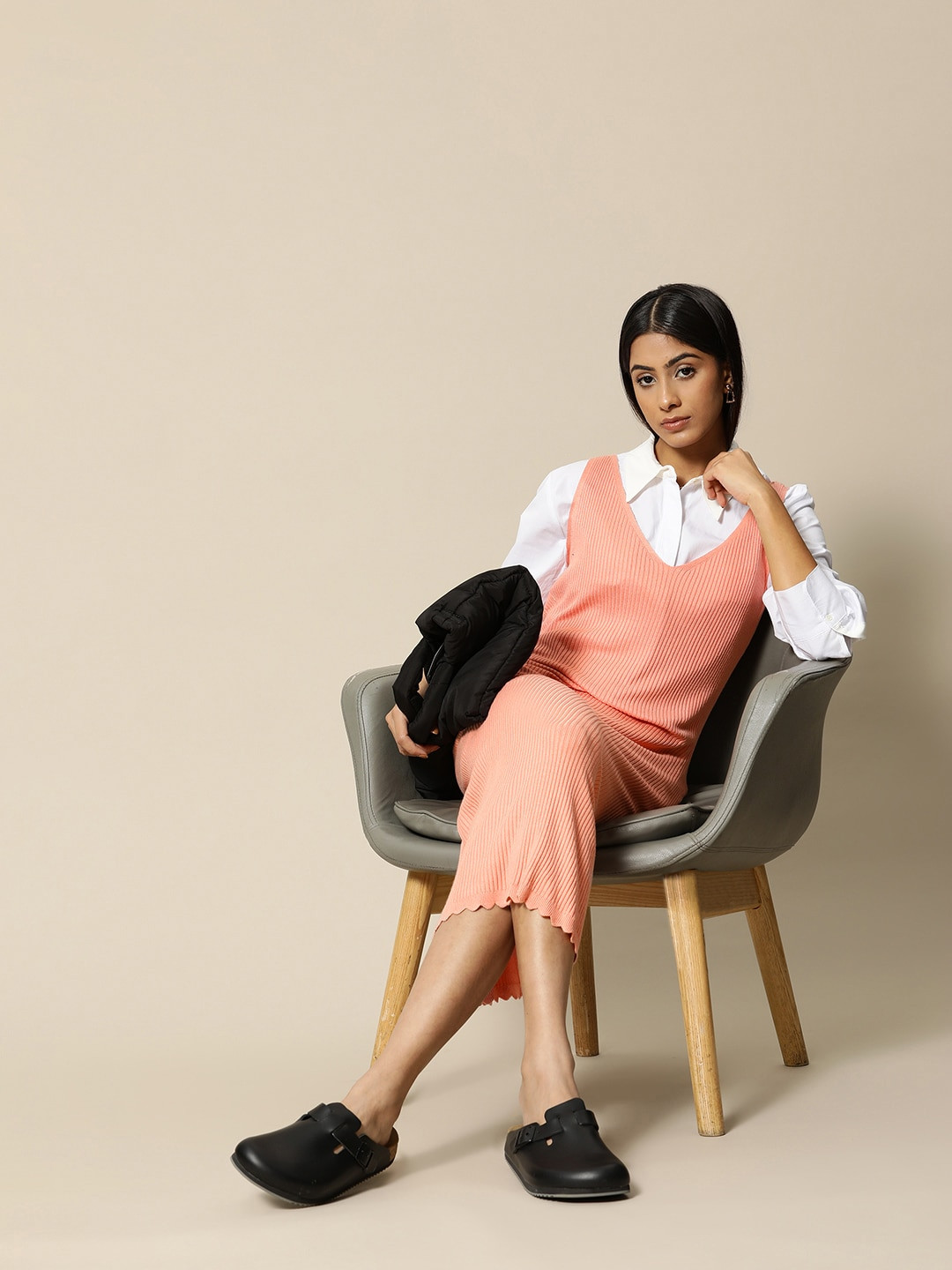 

BOWER Peach-Coloured Knitted Sheath Midi Dress