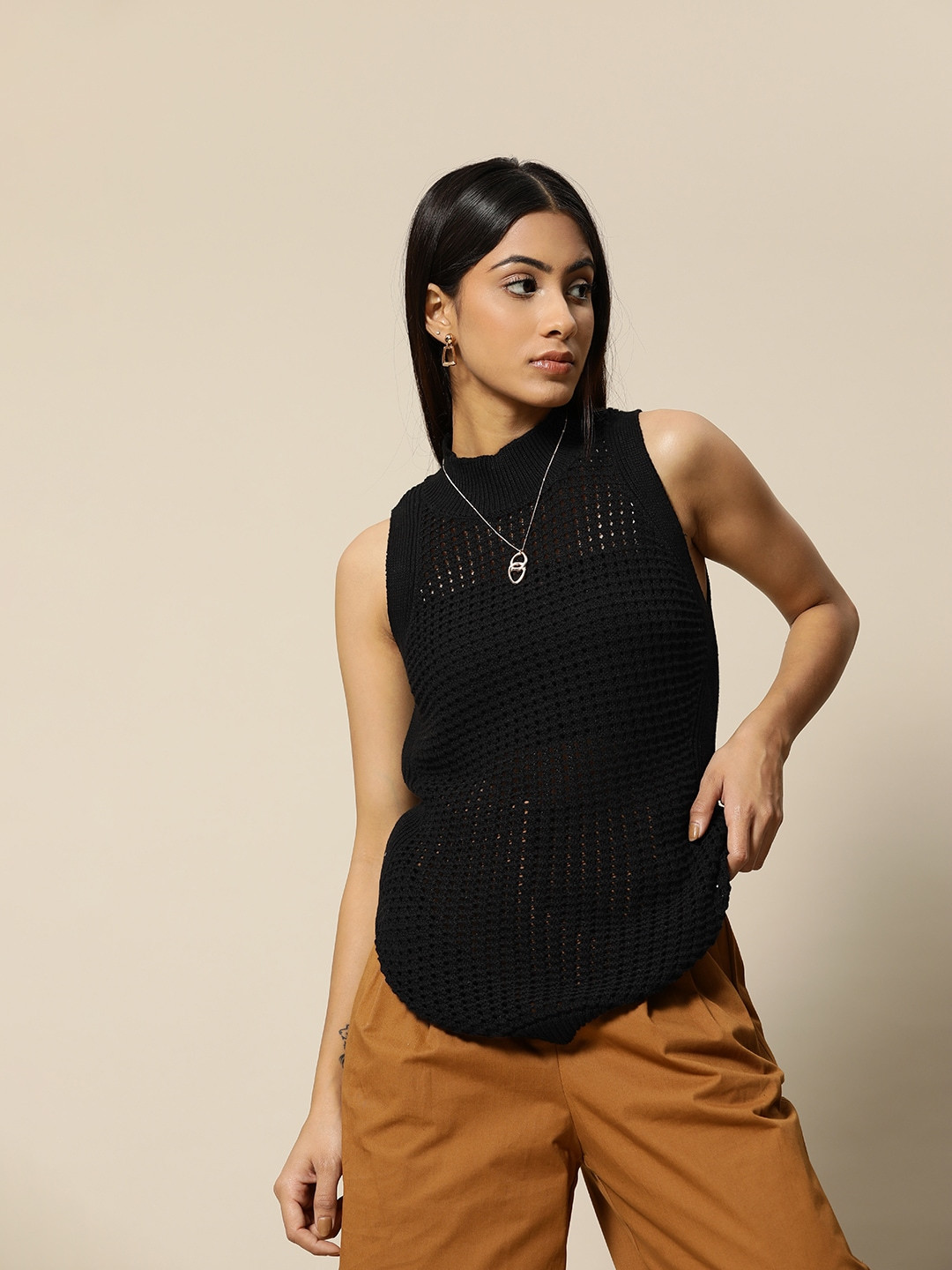 

BOWER Black Pure Cotton Crochet Sleeveless Top