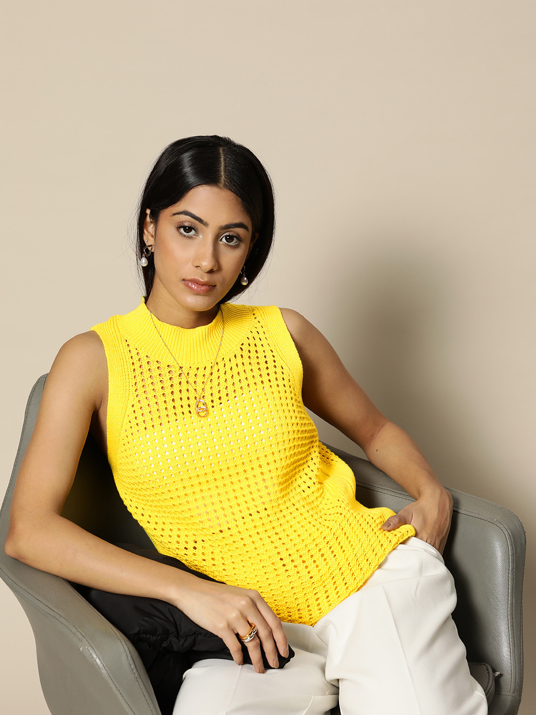 

BOWER Yellow Pure Cotton Crochet Sleeveless Top
