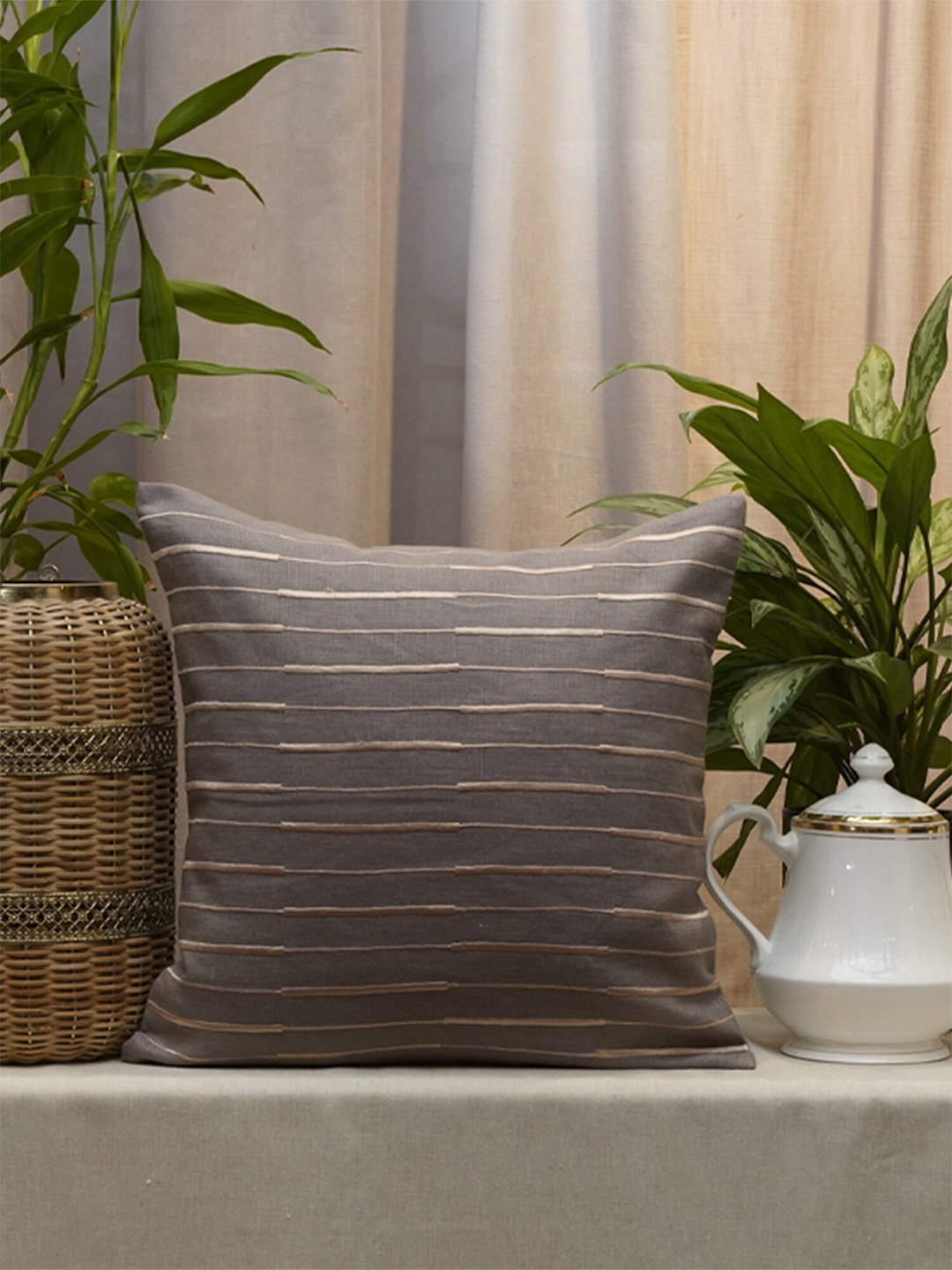 

ZEBA Grey & Pink Striped Cotton Square Cushion Cover