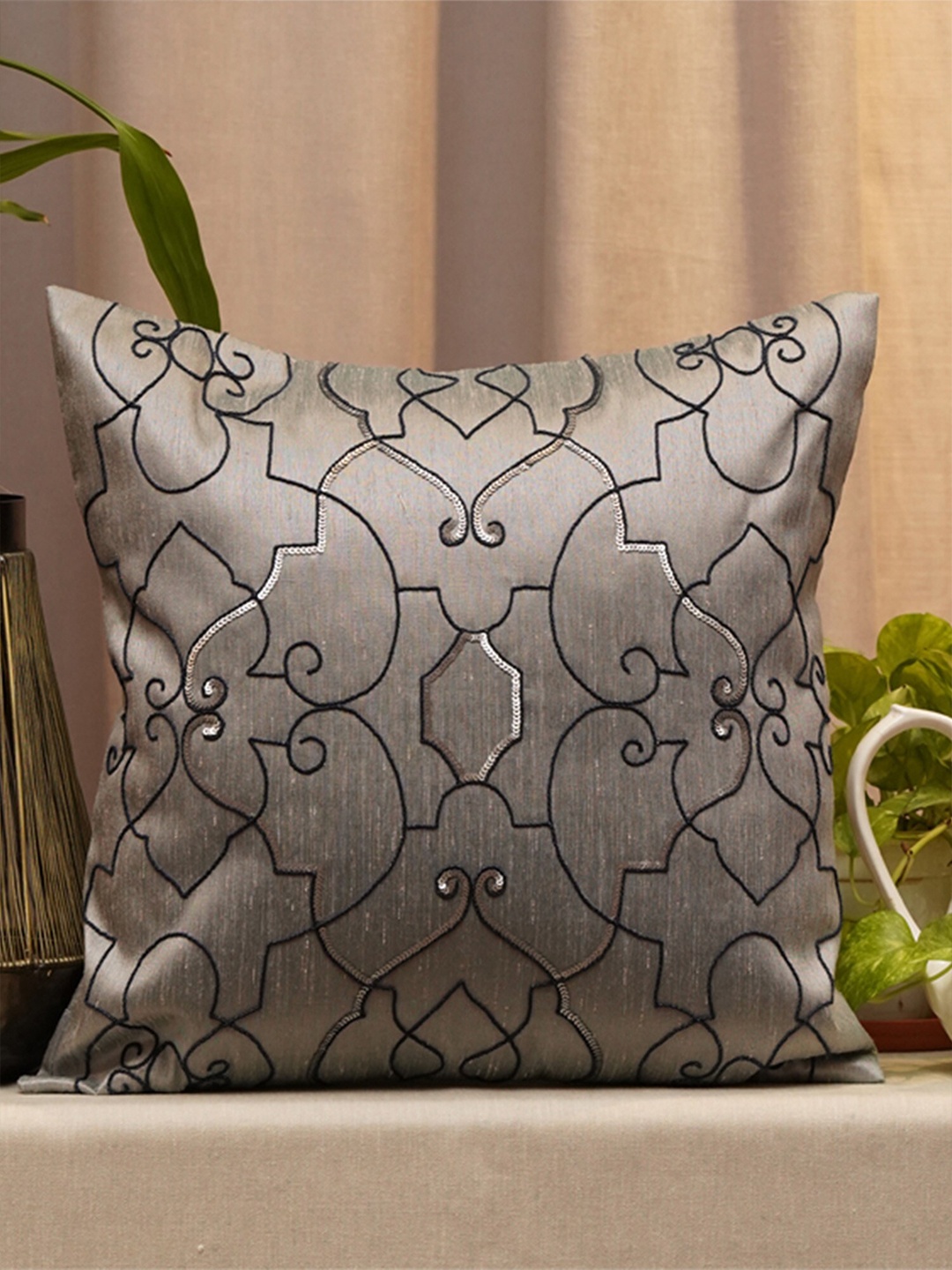 

ZEBA Grey & Black Embroidered Square Cushion Covers