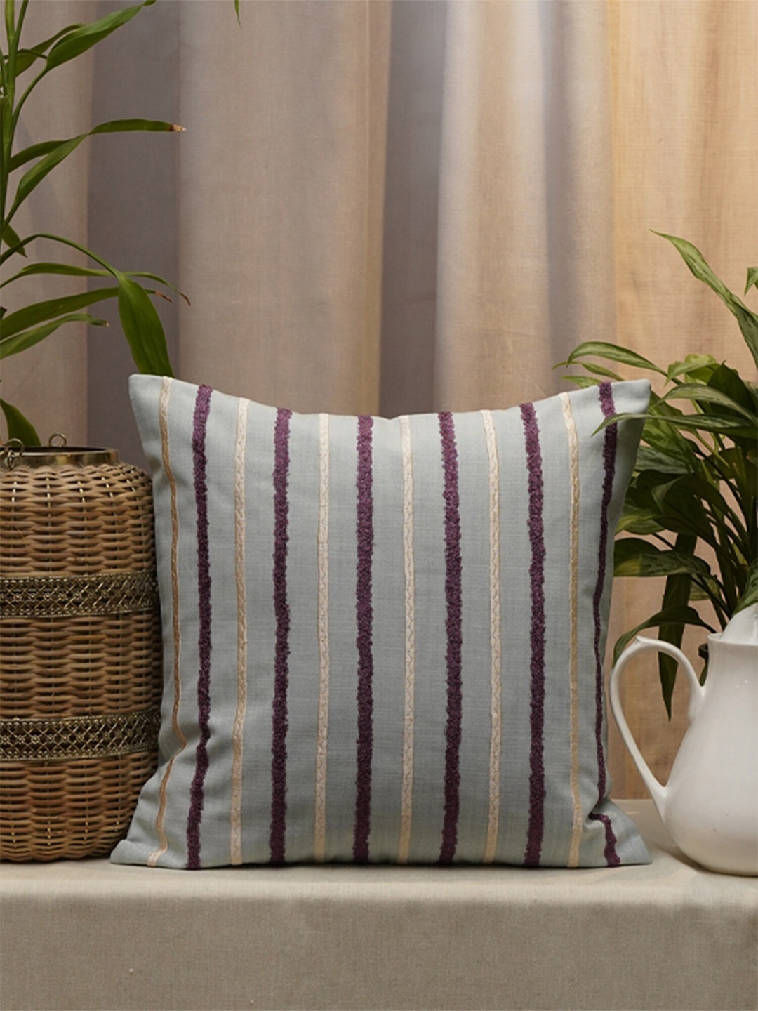 

ZEBA Blue & Purple Striped Square Cotton Cushion Covers
