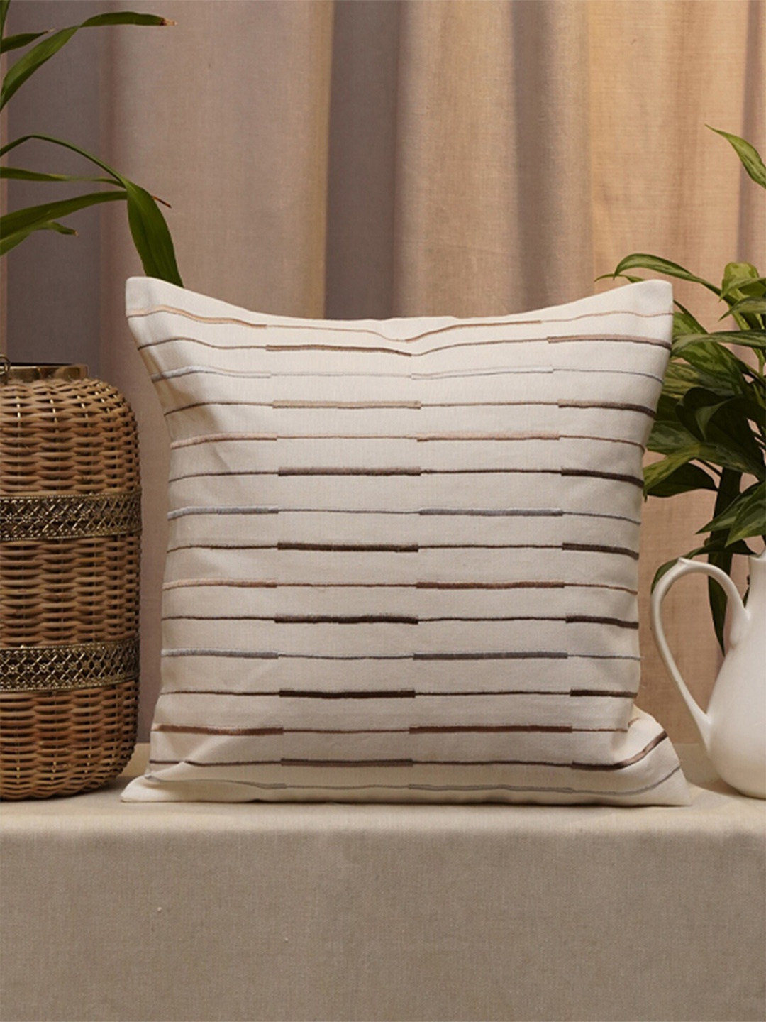 

ZEBA White & Brown Striped Cotton Square Cushion Cover