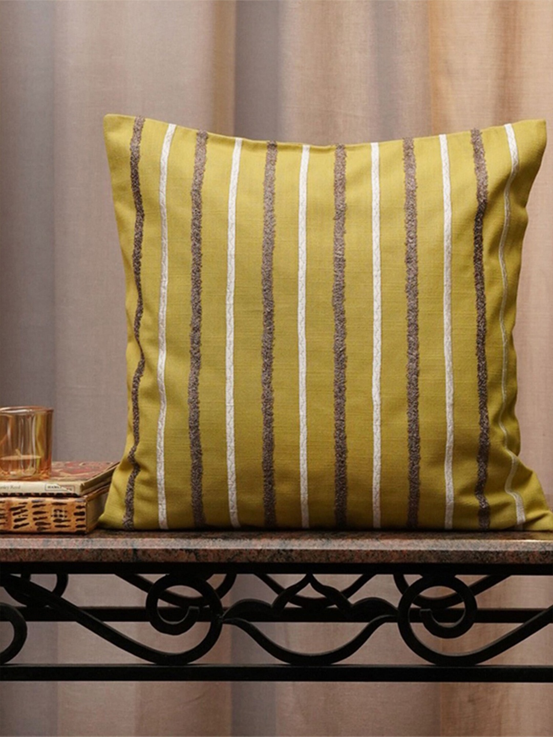 

ZEBA Lime Green & White Striped Cotton Square Cushion Cover