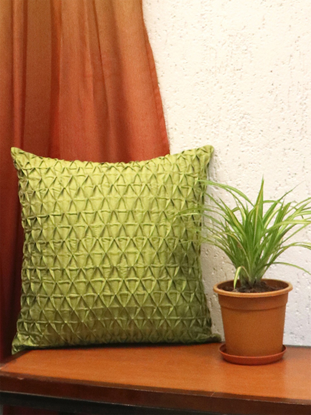 

ZEBA Green Embroidered Shell Pleated Square Cushion Cover