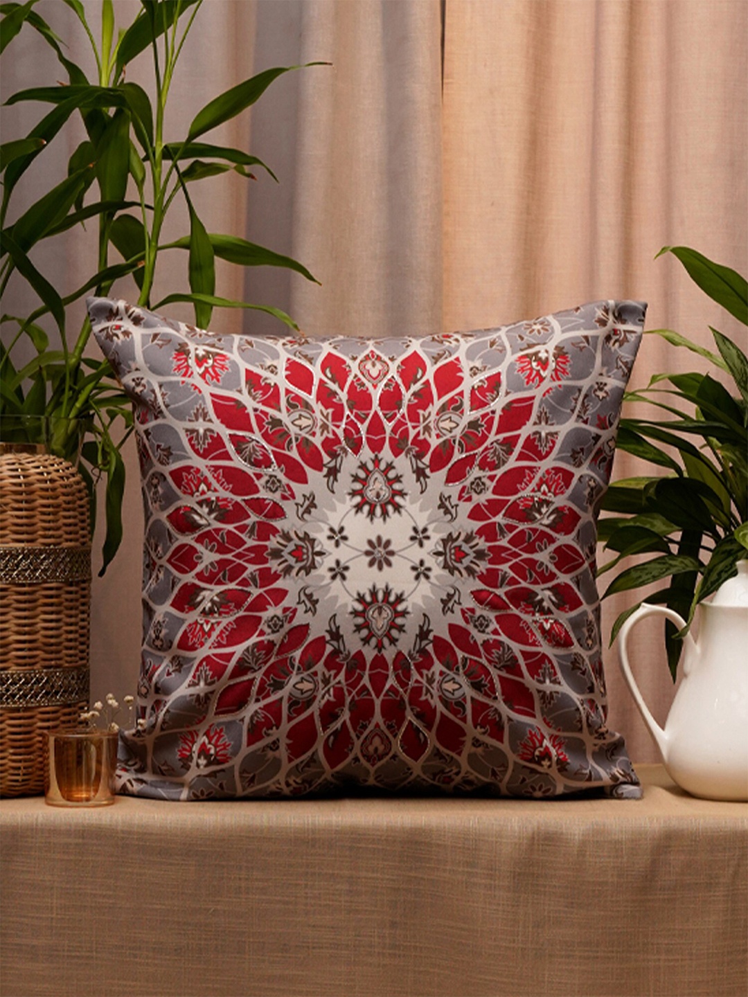 

ZEBA Grey & Red Ethnic Motifs Printed Square Cushion Cover