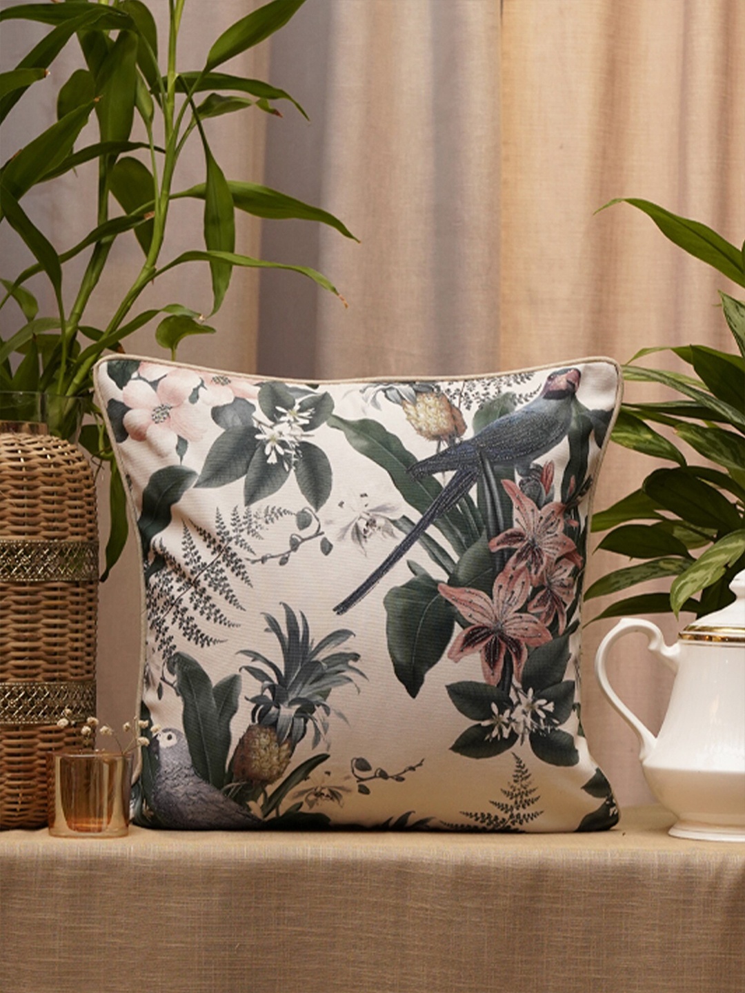 

ZEBA White & Green Floral Printed Square Cushion Cover