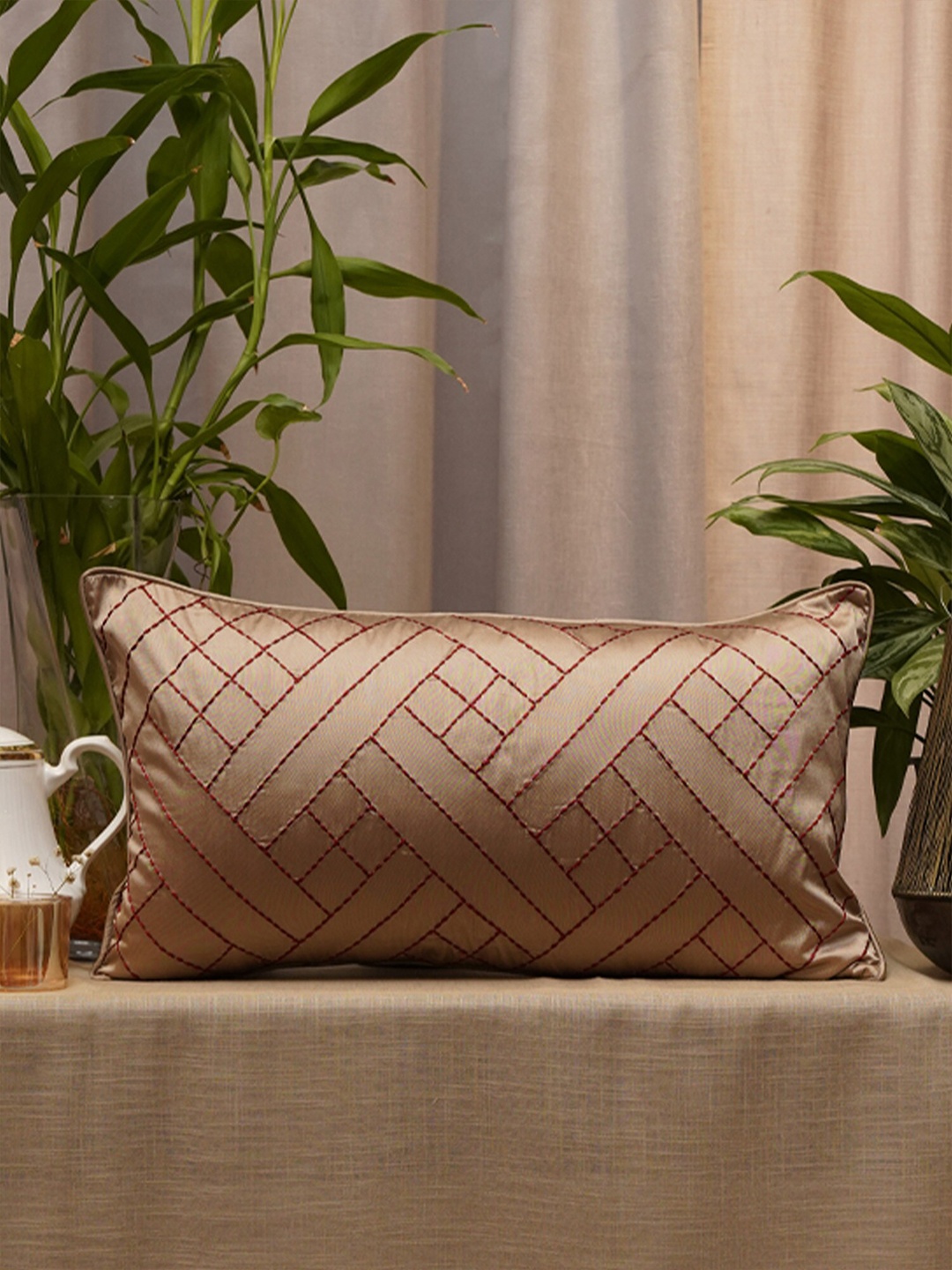 

ZEBA Brown & Red Embroidered Rectangle Cushion Cover