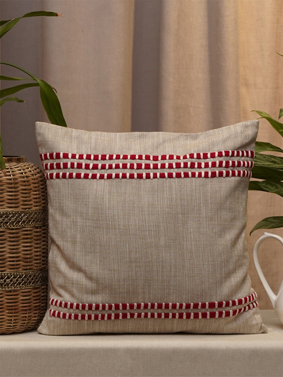 

ZEBA Beige & Red Embroidered Square Cushion Cover