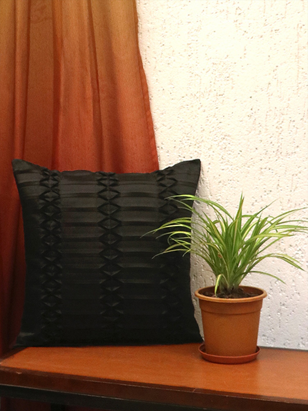 

ZEBA Black Embroidered Pleated Square Cushion Cover