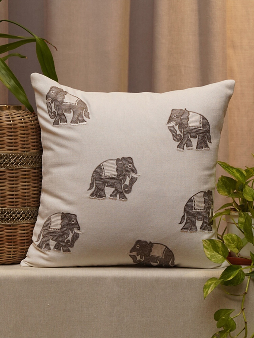 

ZEBA White & Brown Embroidered Cotton Square Cushion Cover