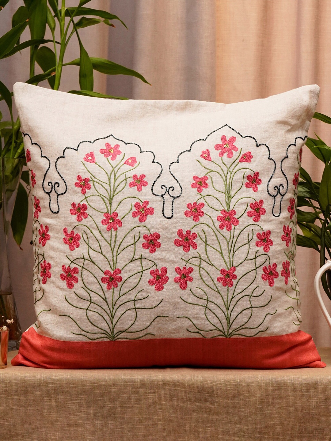 

ZEBA Off White & Orange Embroidered Silk Square Cushion Cover