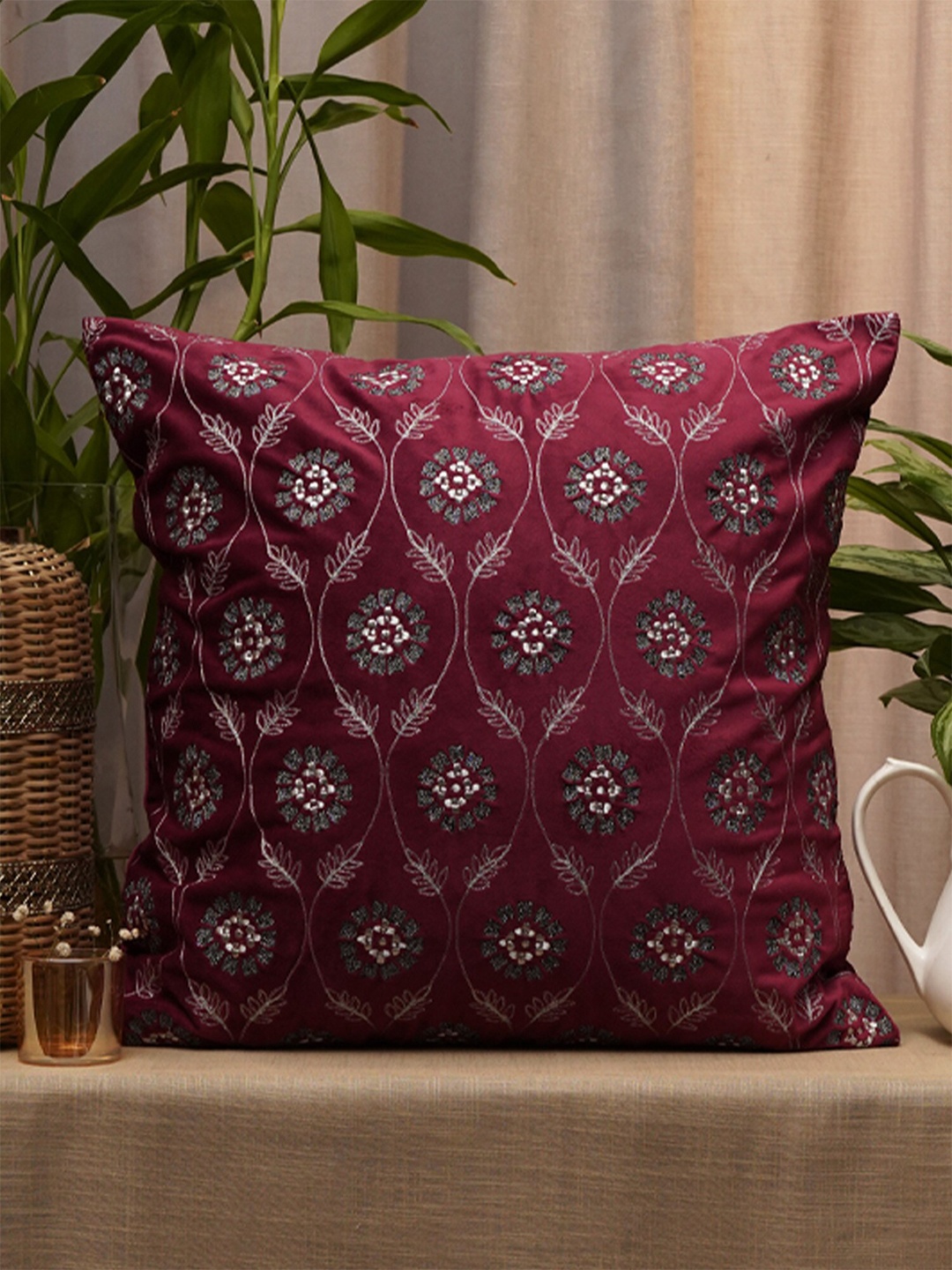 

ZEBA Maroon Embroidered Velvet Square Cushion Cover