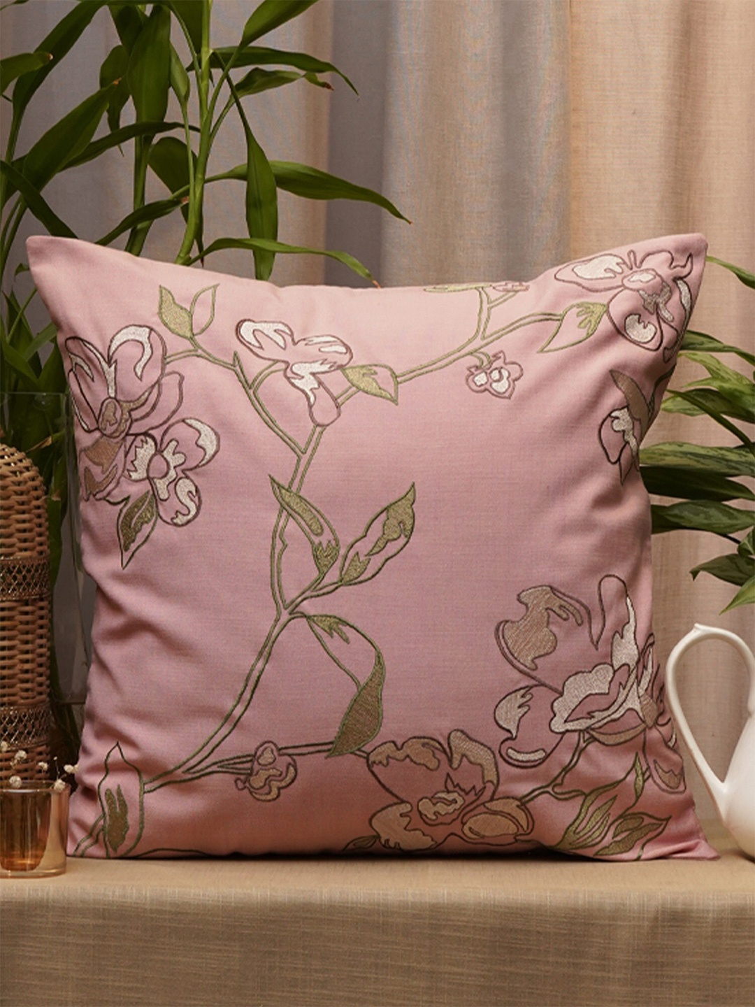 

ZEBA Pink & Green Floral Square Cushion Cover