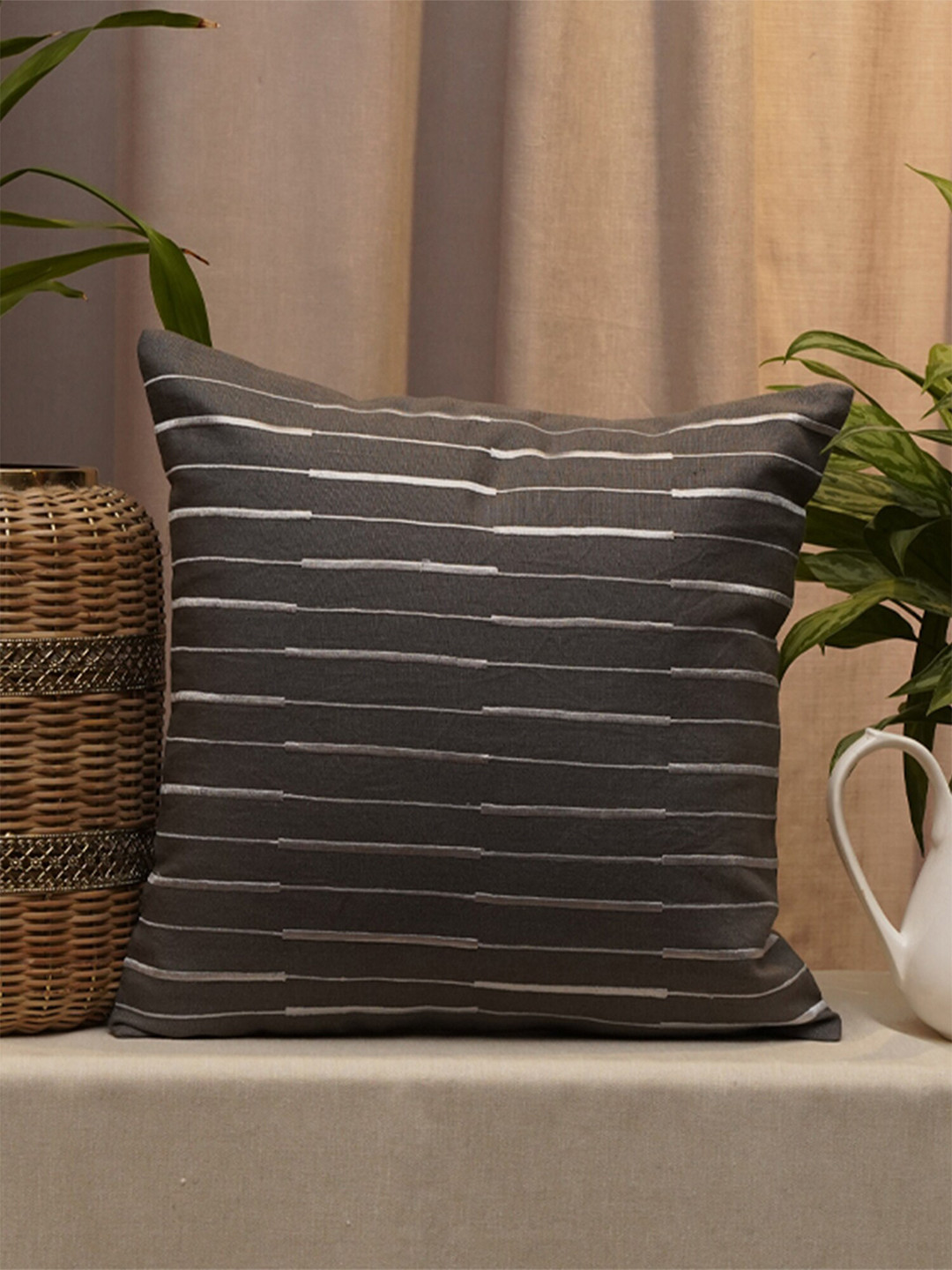 

ZEBA Grey Embellished Cotton Square Cushion Cover