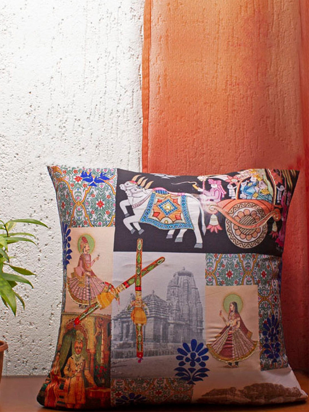 

ZEBA Grey & Navy Blue Ethnic Motifs Square Cushion Cover