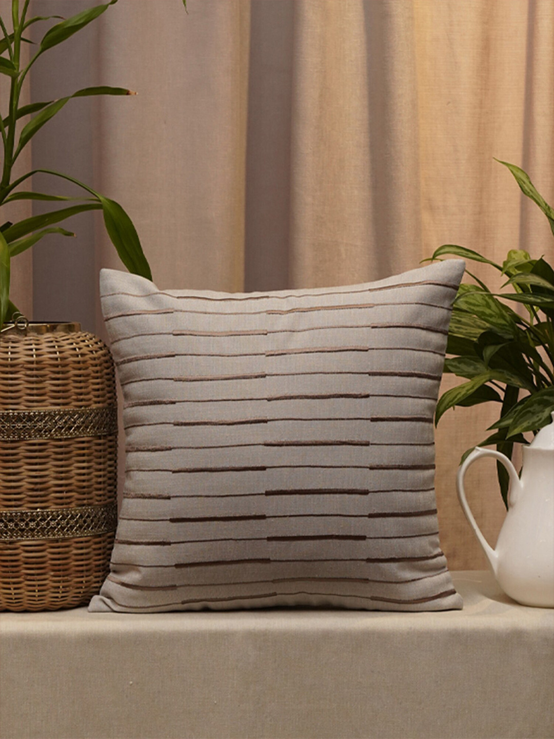 

ZEBA Grey & Brown Striped Cotton Square Cushion Cover