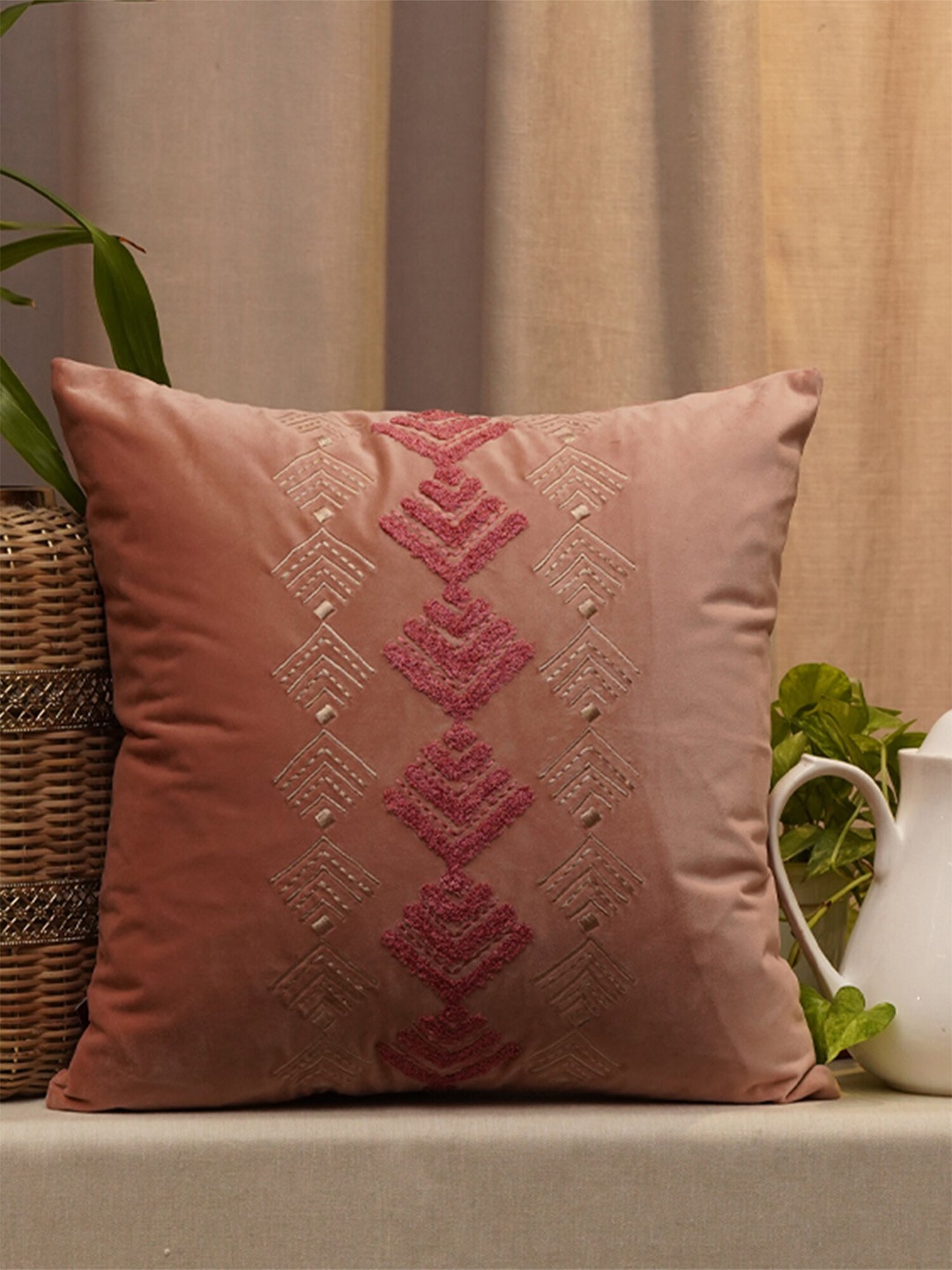 

ZEBA Peach-Coloured & Silver-Toned Embroidered Velvet Square Cushion Cover