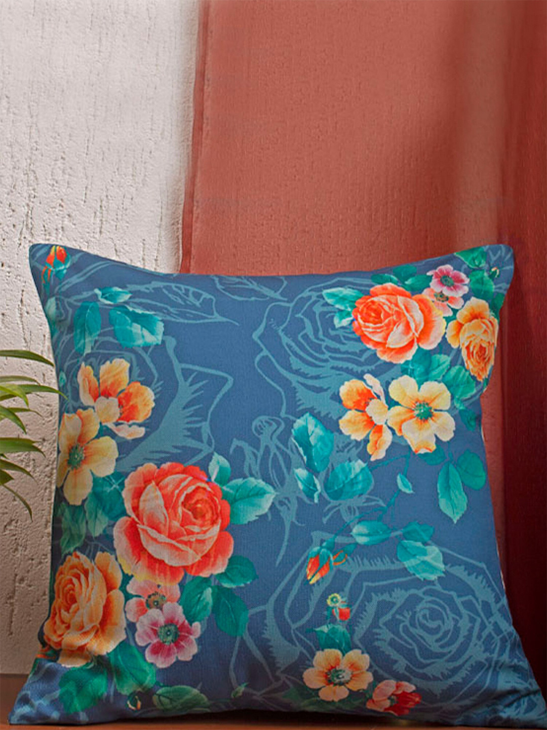 

ZEBA Blue & Orange Floral Square Cushion Cover