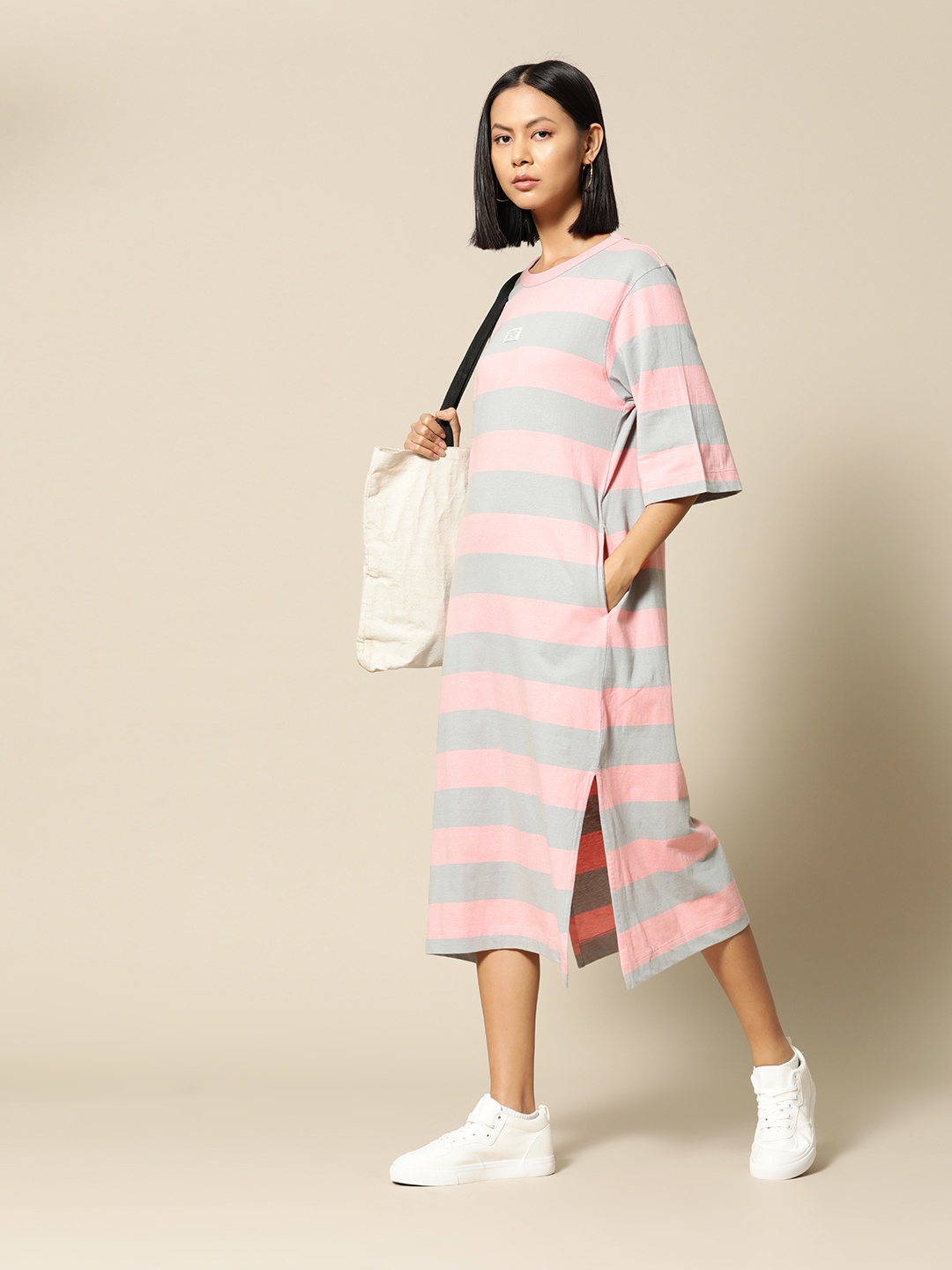 

BOWER Pure Cotton Striped T-shirt Midi Dress, Pink