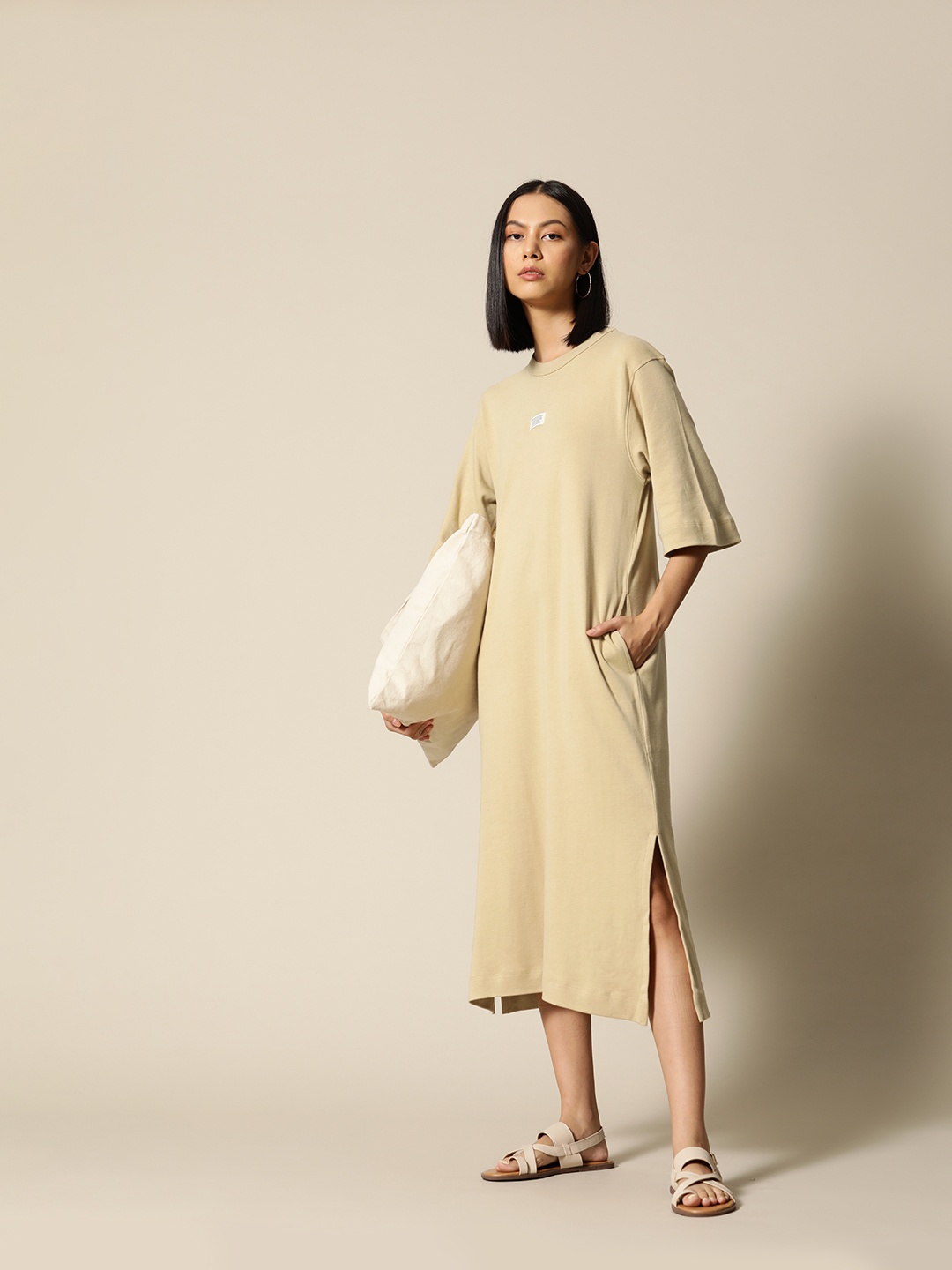 

BOWER Beige Pure Cotton Solid T-shirt Midi Dress