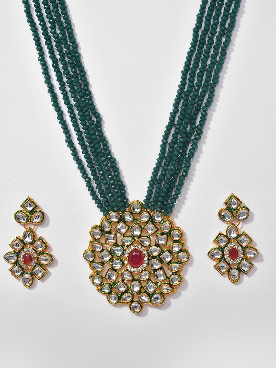 

SOHI Green & Red Gold-Plated Designer Stone-Studded Jewellery Set