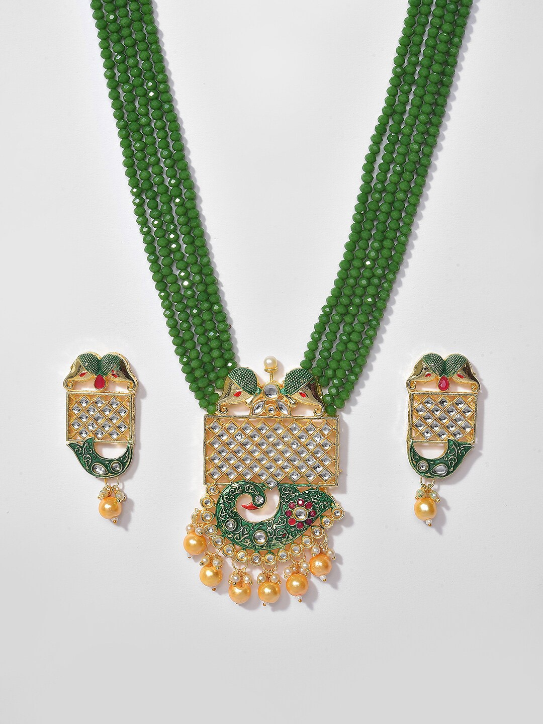 

SOHI Women Gold-Plated Green Kundan Stone-Studded & Beaded Jewellery Set
