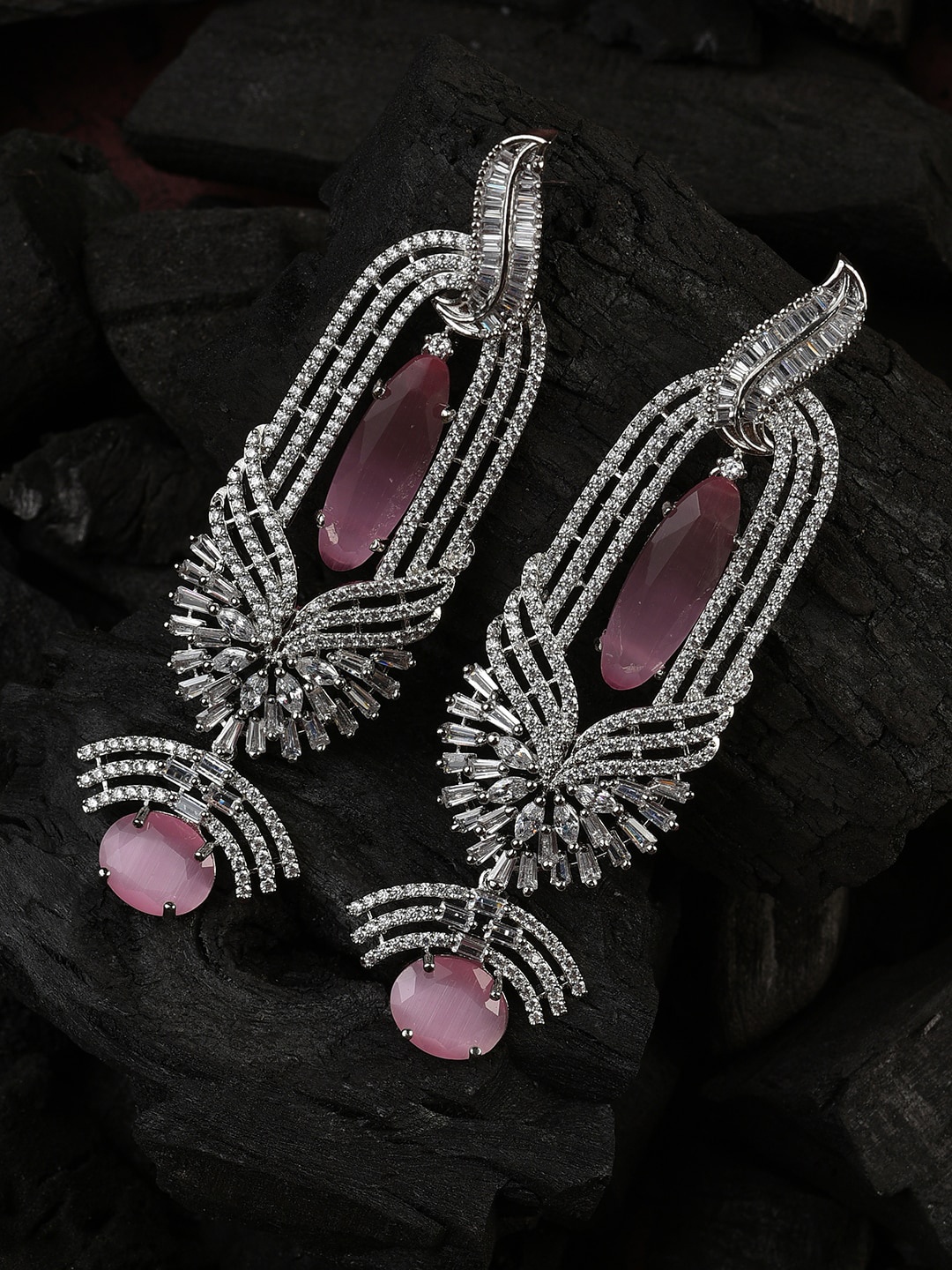 

SOHI Women Pink & Silver-Toned Contemporary American Diamond Jhumka Earrings