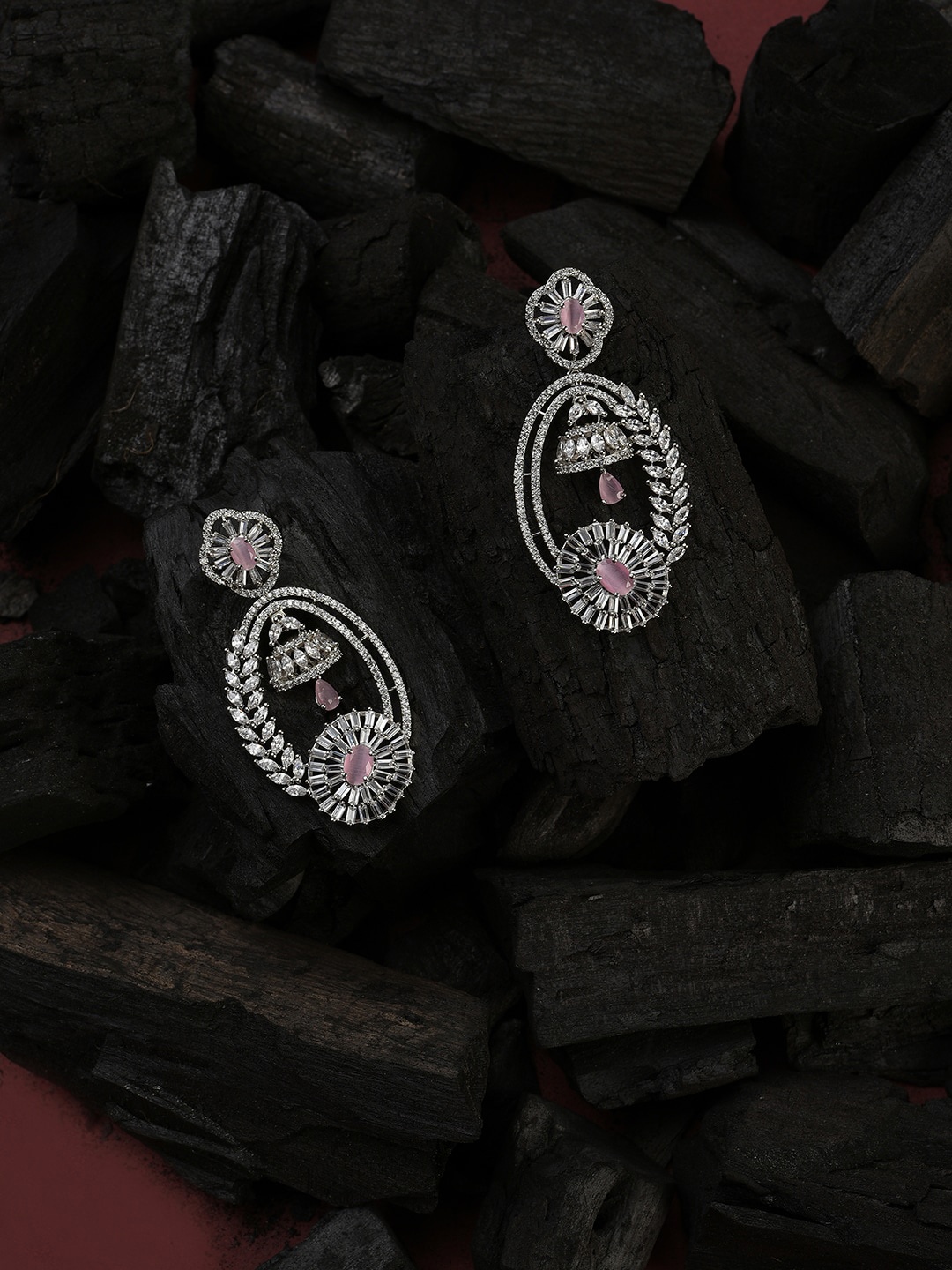 

SOHI Women Silver Plated & Pink American Diamond Studded Drop Earrings