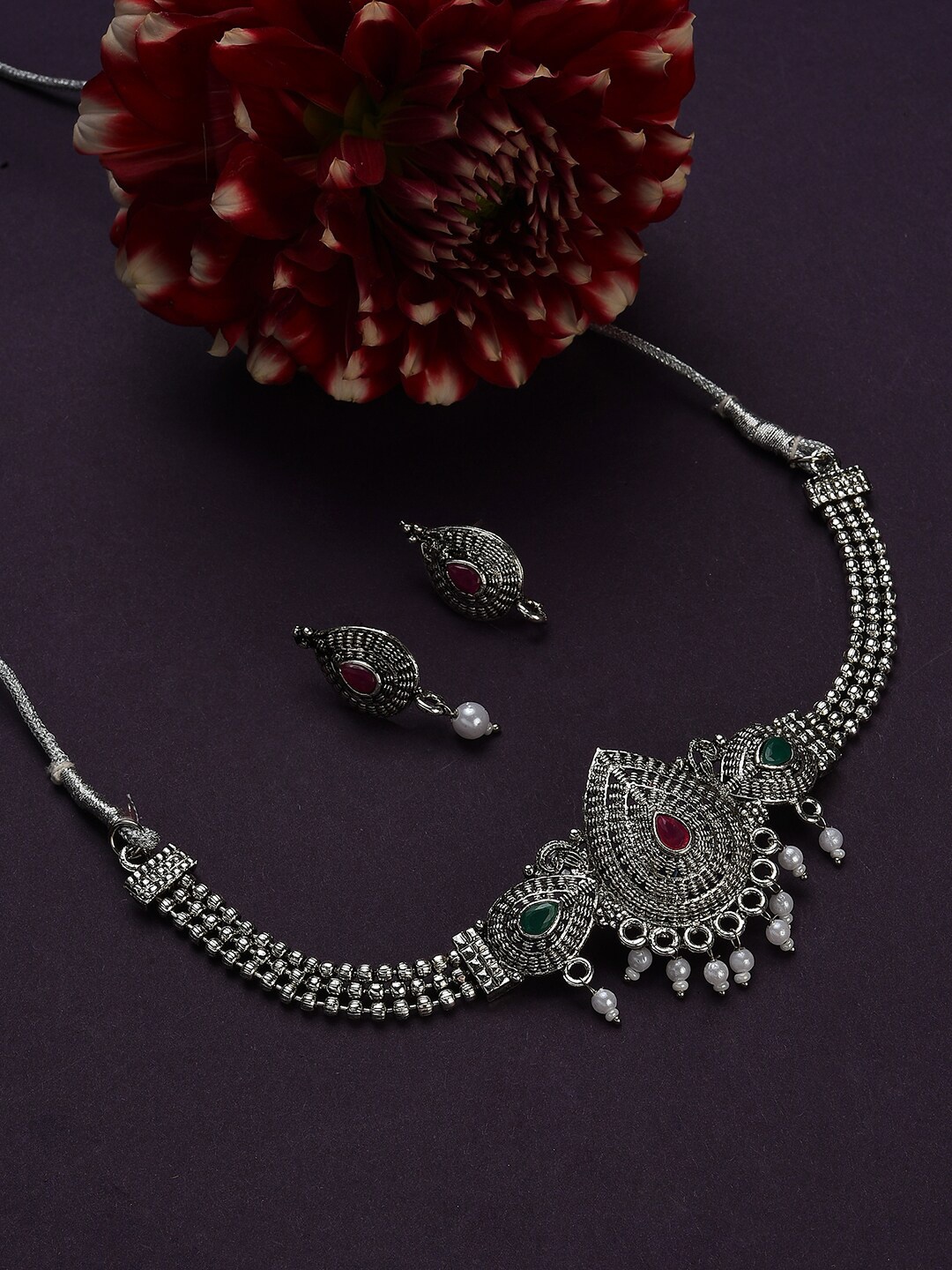 

Meenakari Silver Plated Menakari Choker Necklace Jewelry Set