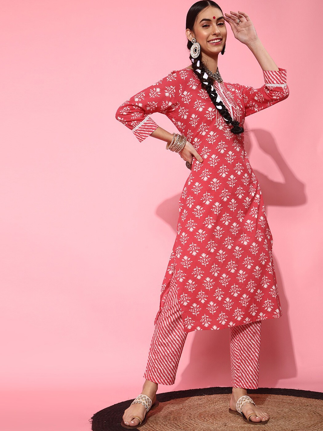 

STREET 9 Floral Pure Cotton Kurta Set, Pink