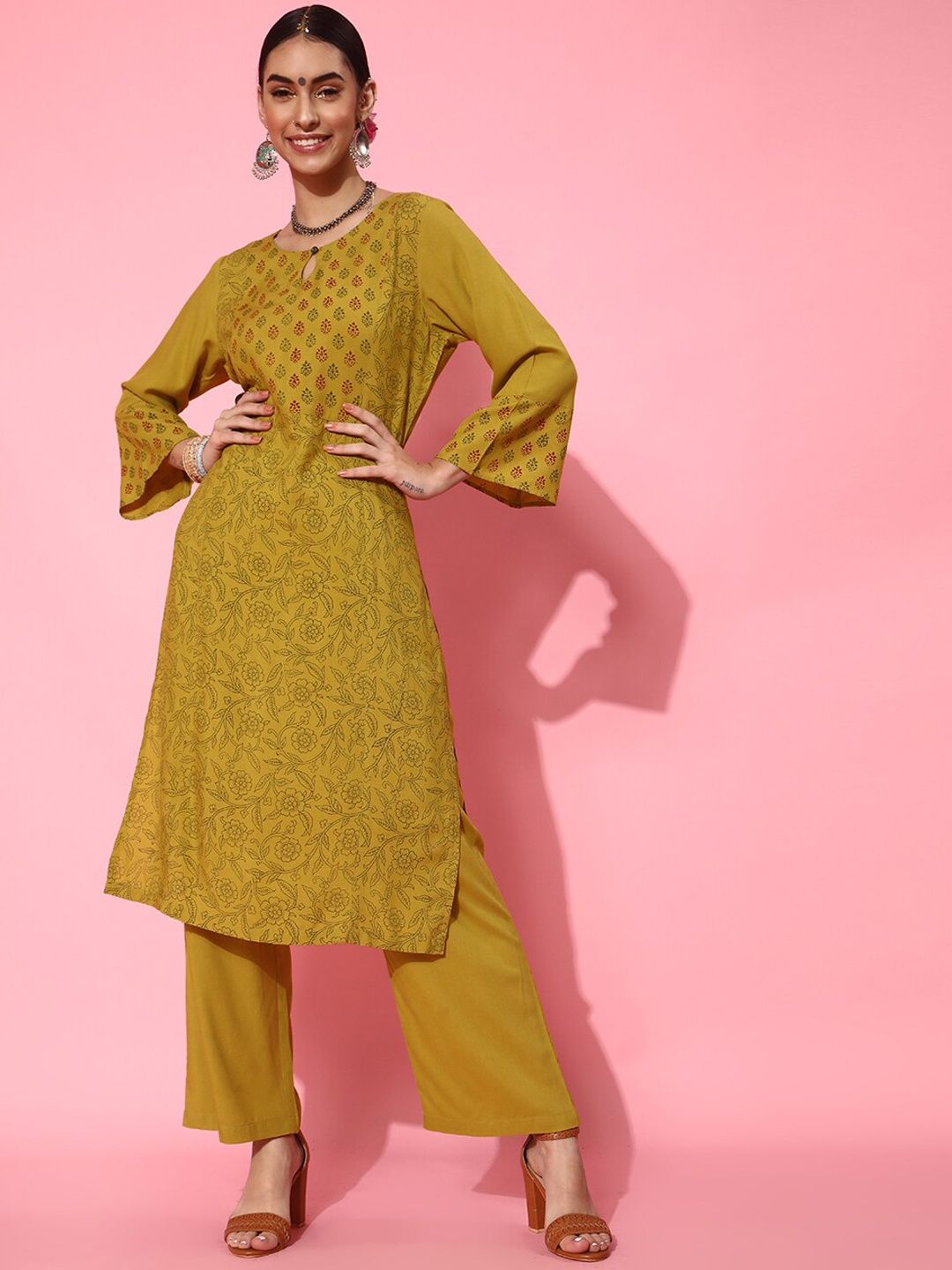 

STREET 9 Floral Viscose Rayon Kurta Set, Mustard