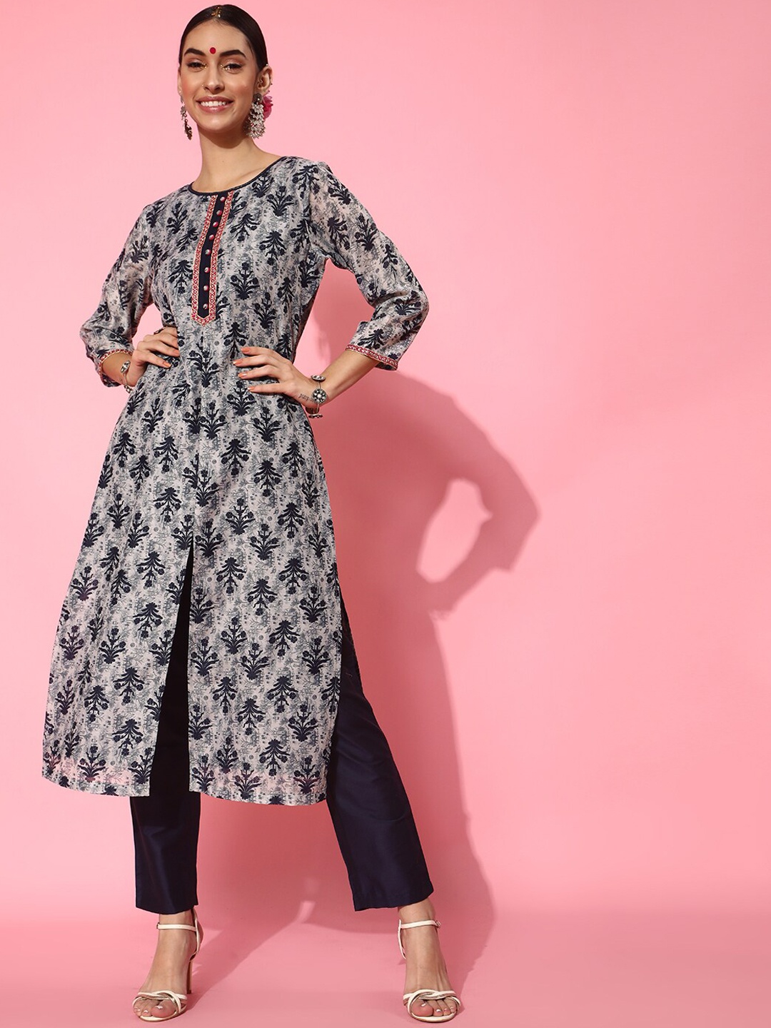 

STREET 9 Floral Polyester Kurta Set, Navy blue