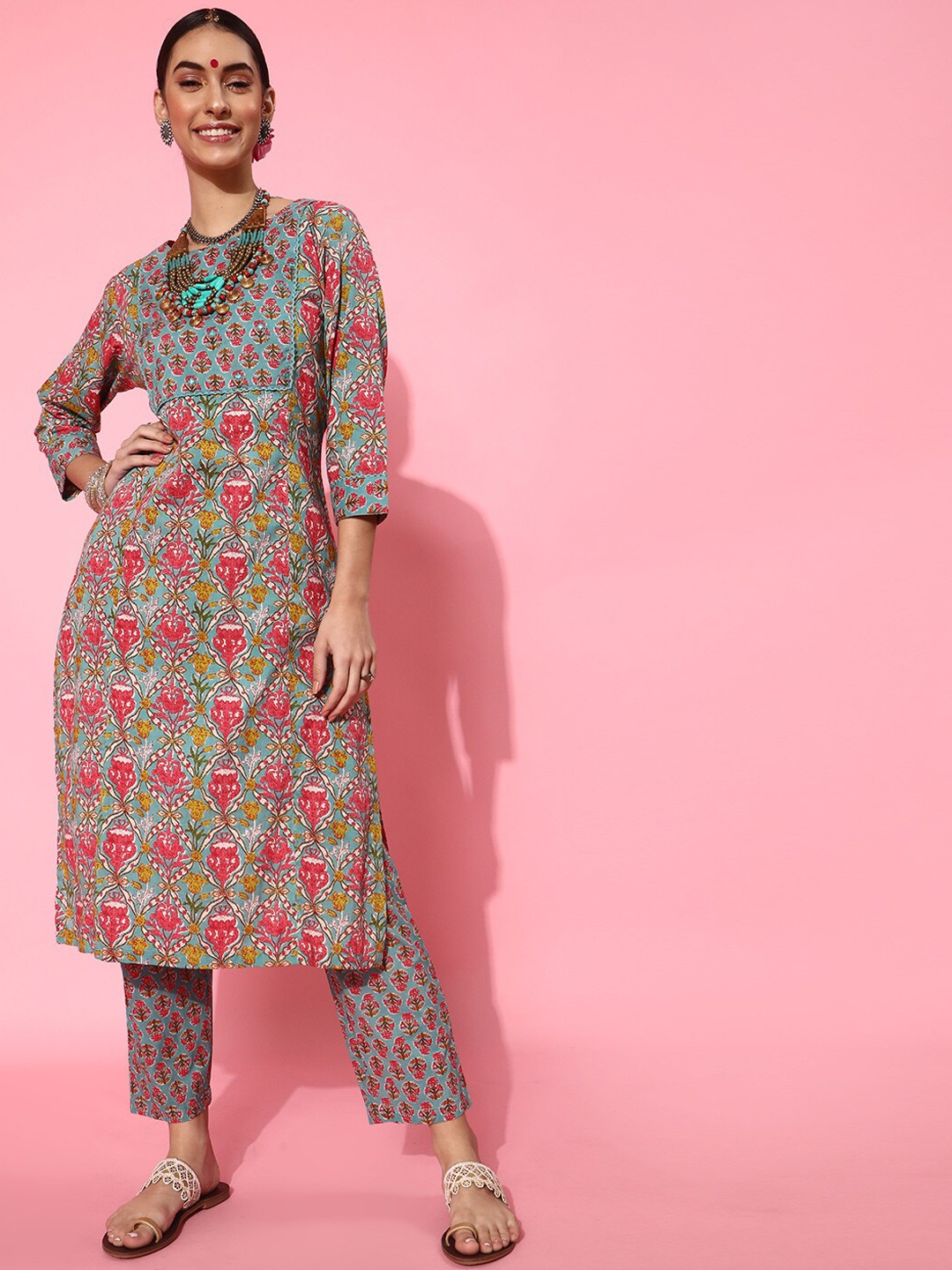 

STREET 9 Floral Pure Cotton Kurta Set, Sea green